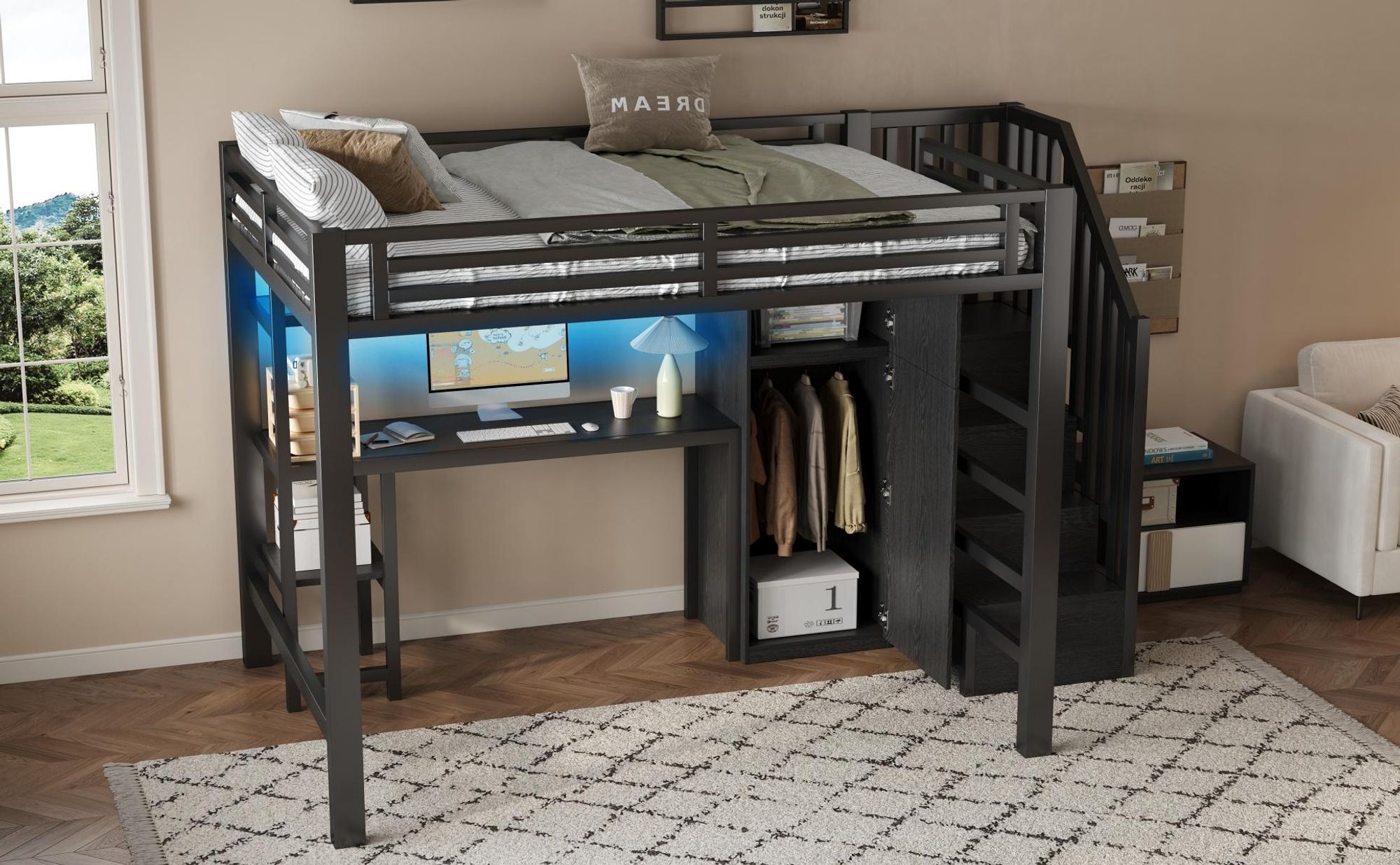 STILVORA Hochbett 140x200cm Jugendbett mit Schreibtisch und Kleiderschrank,Kindebett Bettgestell mit Regal und Stauraumtreppe,ohne matratze,Schwarz