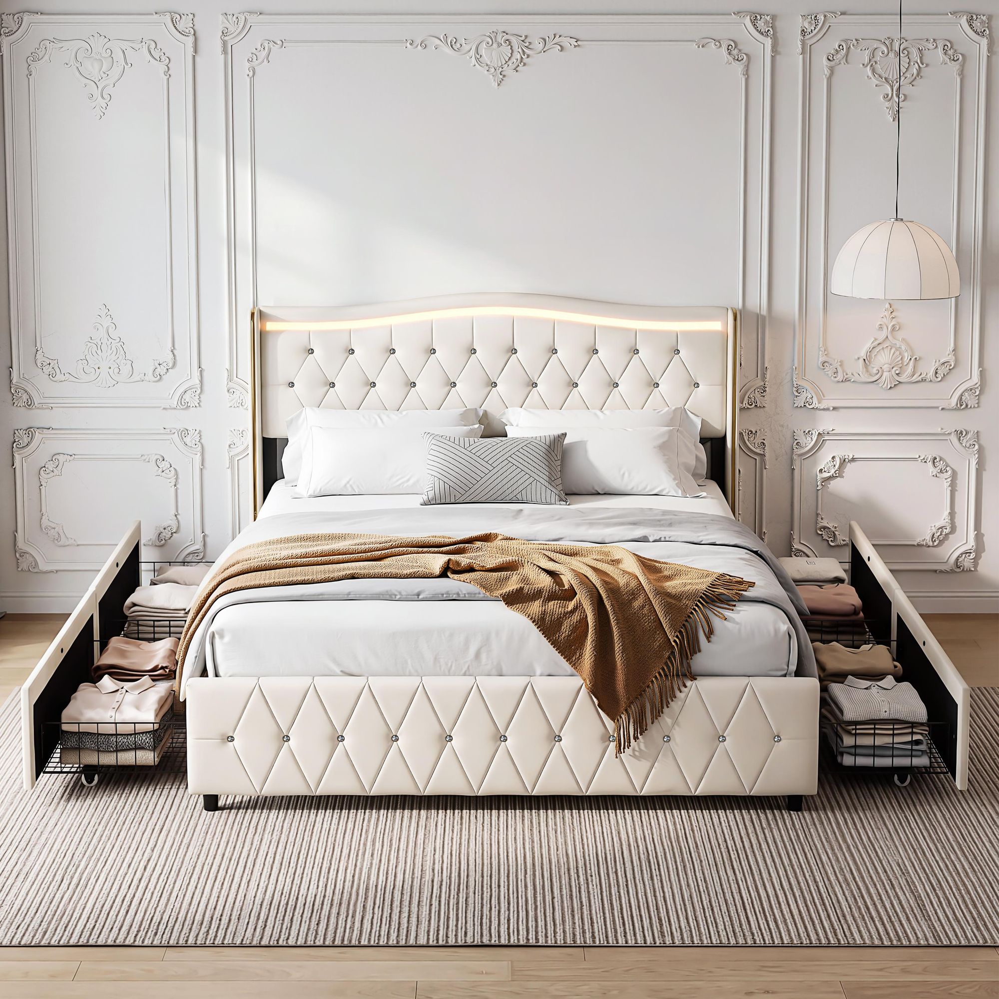 OYAJIA Polsterbett 160x200cm mit LED, Doppelbett mit 4 Schubladen Stauraum und Kopfteil, Stauraumbett Jugendbett mit USB&Type-C, Kunstleder Bettgestell