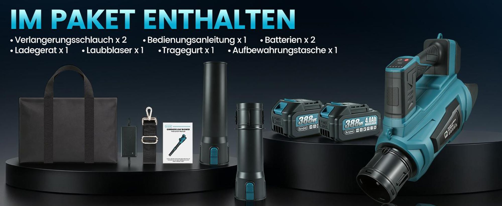 Akku Laubbläser 90m/s Elektrischer Laubgebläse mit 2 x 4,0 Ah Akku und Ladegerät 6-Stufen Regelung & 2 wechselbaren Düsen