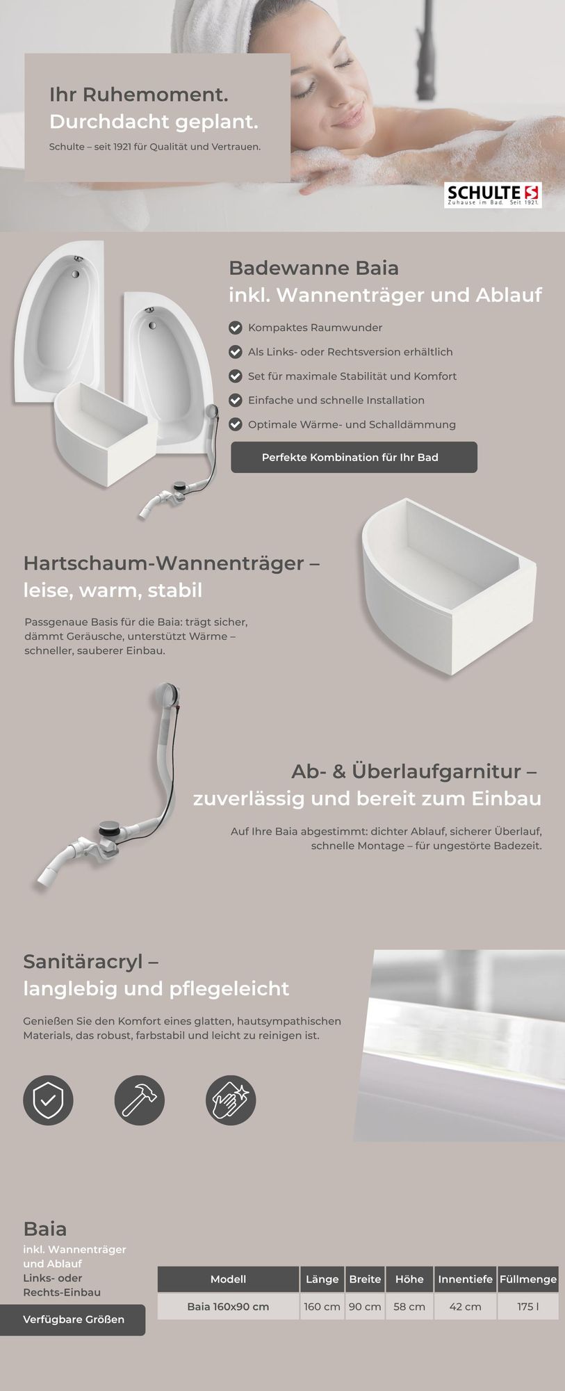 Schulte Badewanne 160x90 cm, Acryl, Komplettset inkl. Wannenträger und Ablauf-Überlauf-Garnitur, Modell Baia - Version links, Raumsparbadewanne Weiß