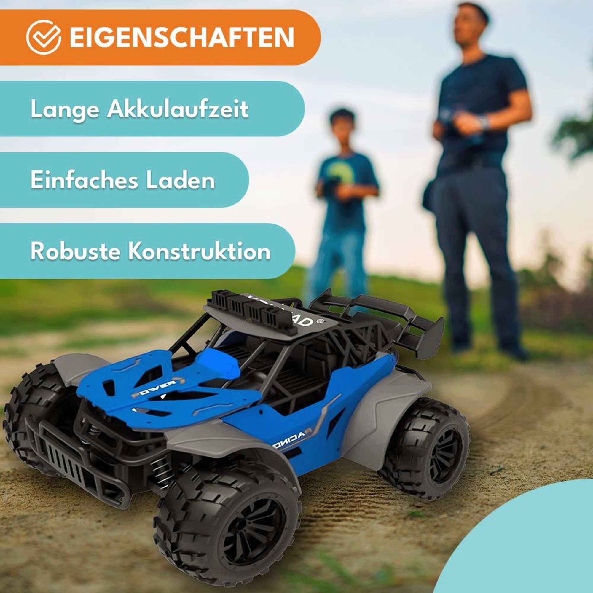 KRUMAD Ferngesteuertes Auto ab 3 Jahre – RC Auto für Kinder – 3,7V mit 2 Akkus & LED-Licht – Robustes Offroad Spielzeugauto mit Fernsteuerung, USB-Lad