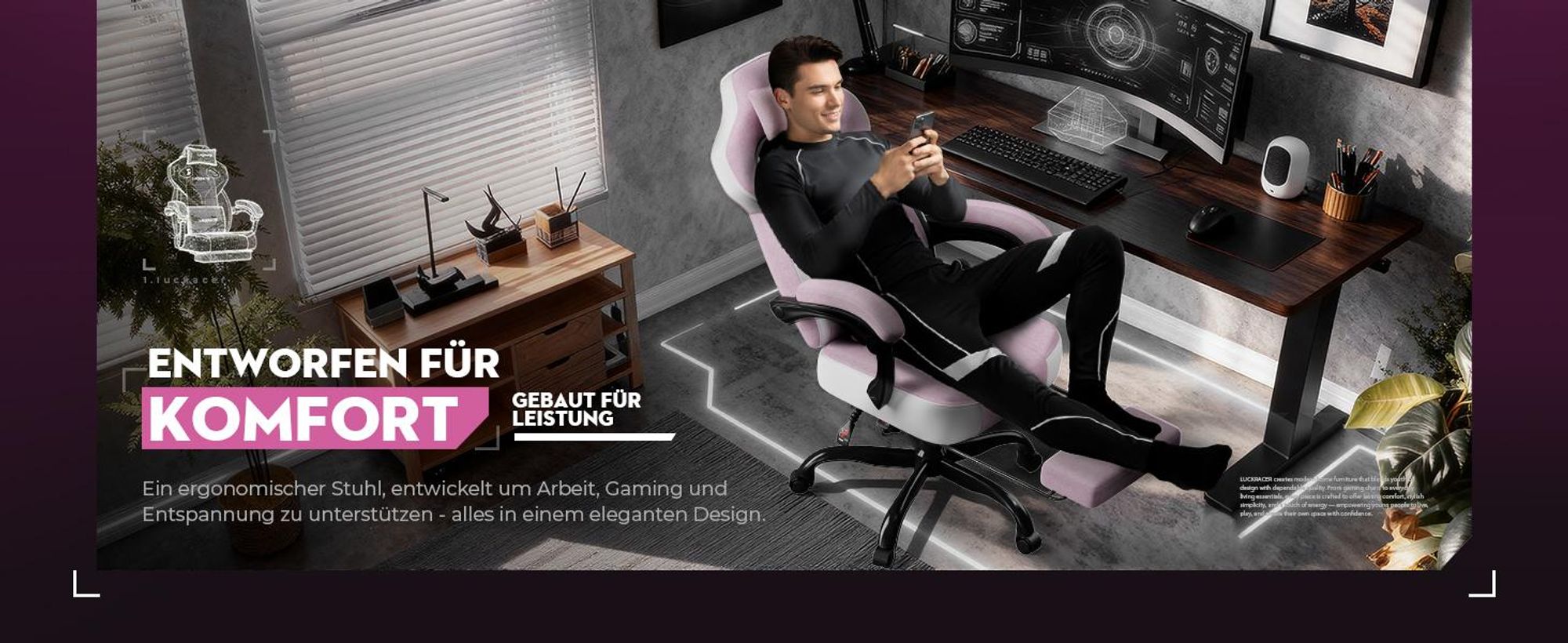 LUCKRACER Gaming Stuhl, Bürostuhl mit verbundenen Armlehnen, Memory-Schaum-Kissen, 90–155° Neigungswinkel und Fußstütze, strapazierfähigem Funktionsge