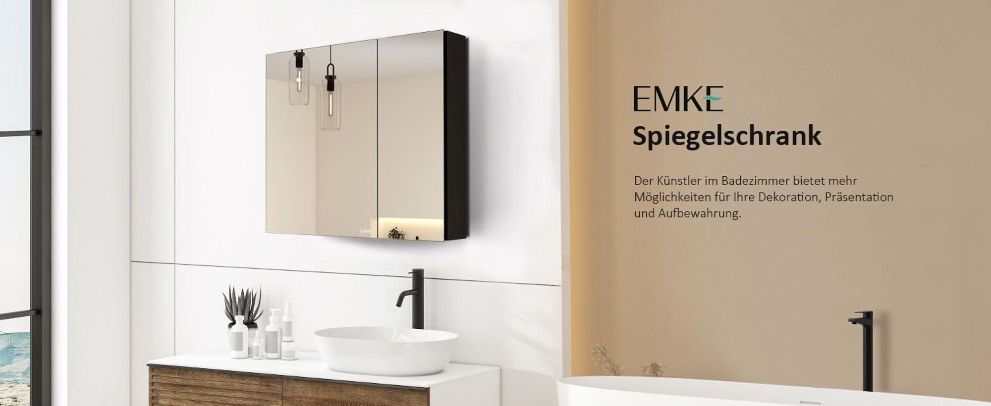 EMKE Spiegelschrank Bad 85x65cm, Rostfreier Aluminium Badezimmerschrank mit 2 Türen, Wandmontage Horizontal, Soft-Close Scharniere, Schwarz