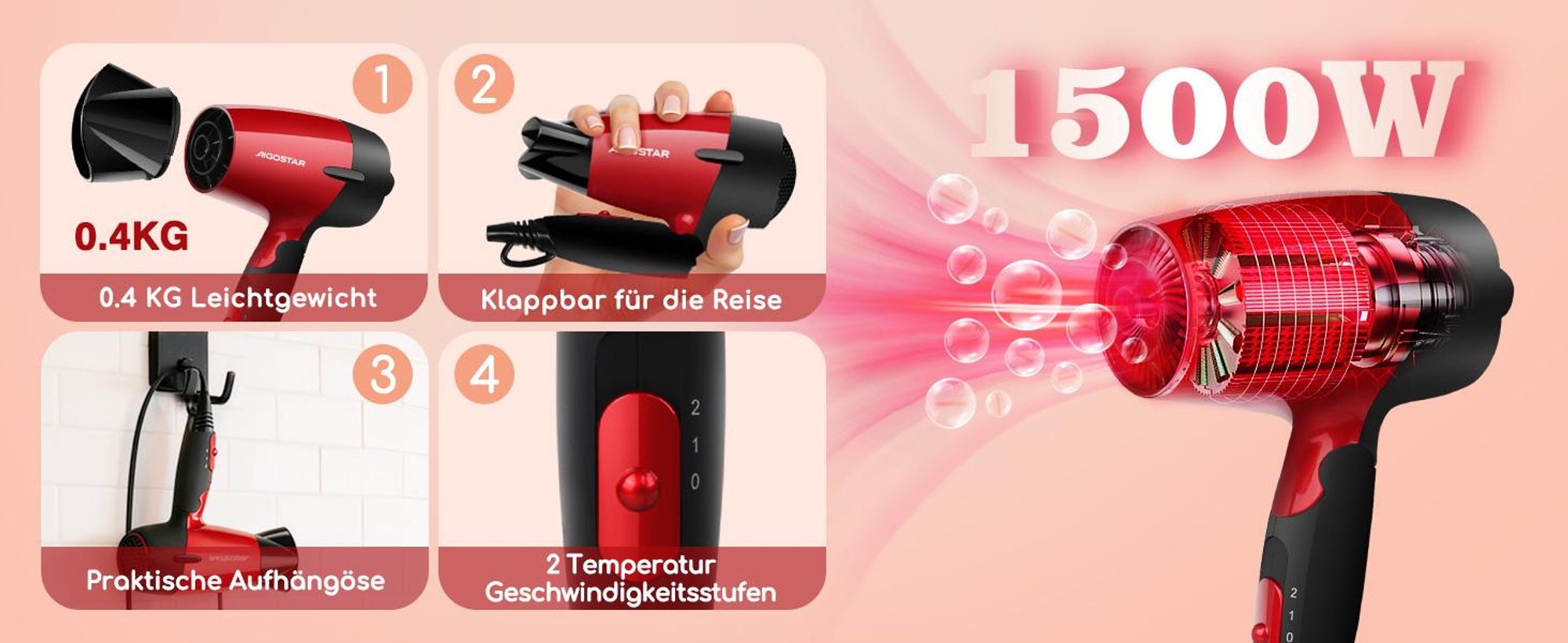 Aigostar - Haartrockner Klein Klappbar, Föhn Mit Stylingdüsen, Reisefön Klappbar, 1500W Fön Klein Rot, 400g Kompakt & Leicht Haarföhn