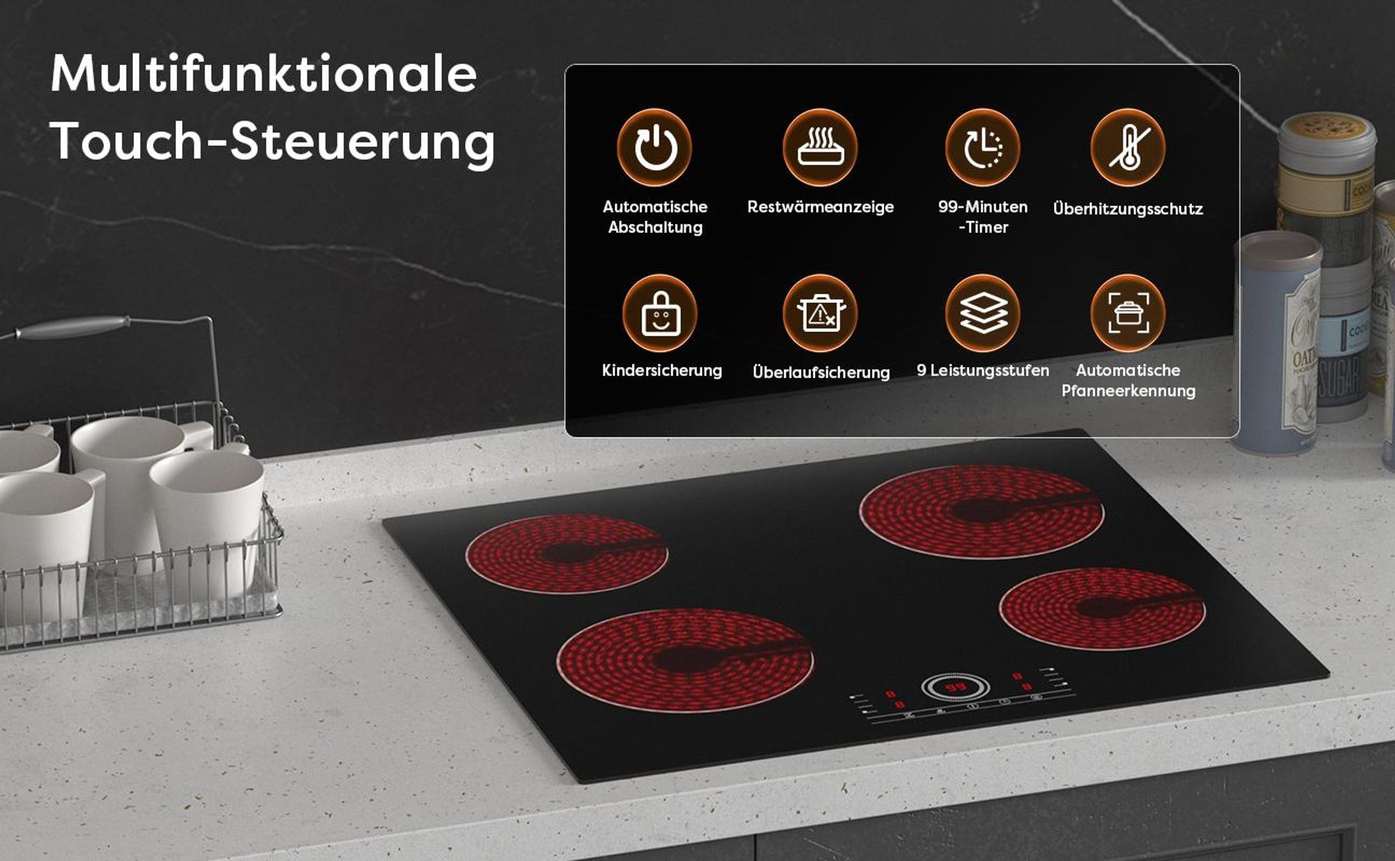 CDV Glaskeramikfelder 60 cm Einbau Elektro-Kochfeld 4 Zonen 9 Stufen Touch Control 6000 W CDVER604