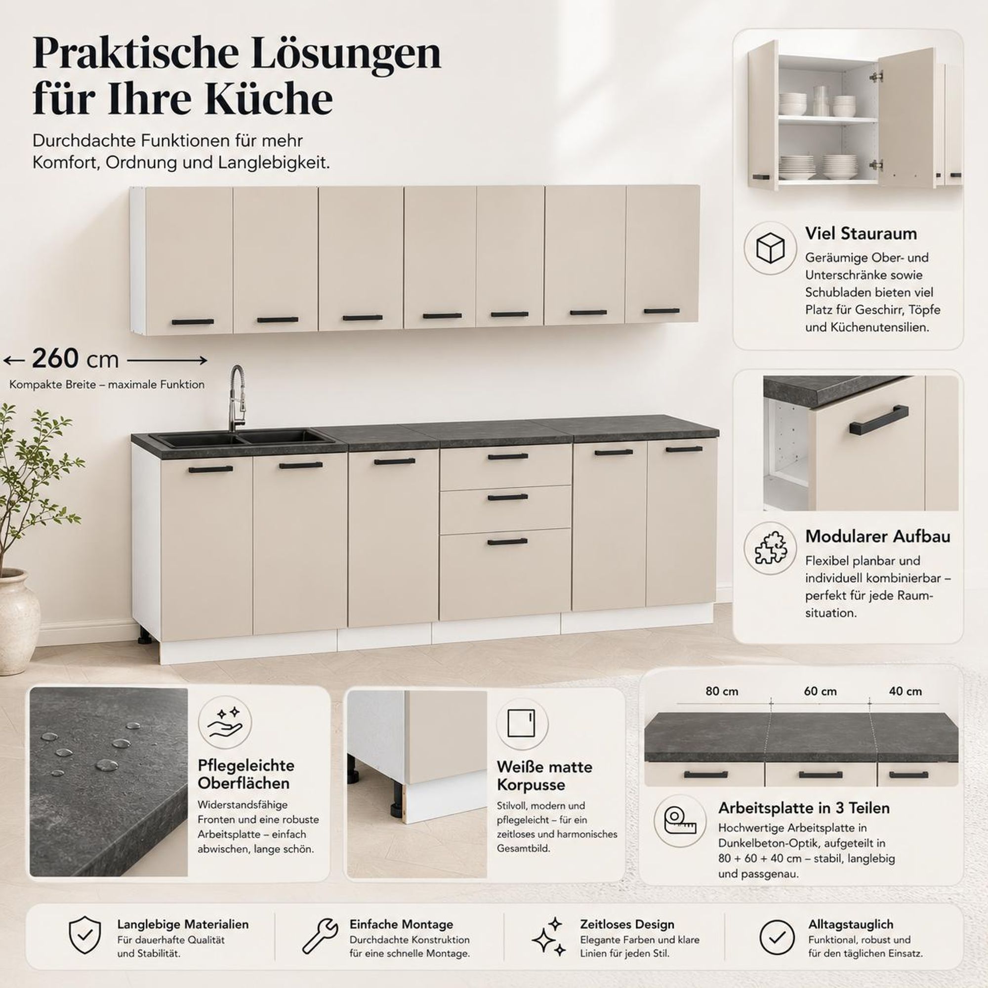 Praktische Stauraumlösungen der 260 cm Küchenzeile in Kaschmir/Beige