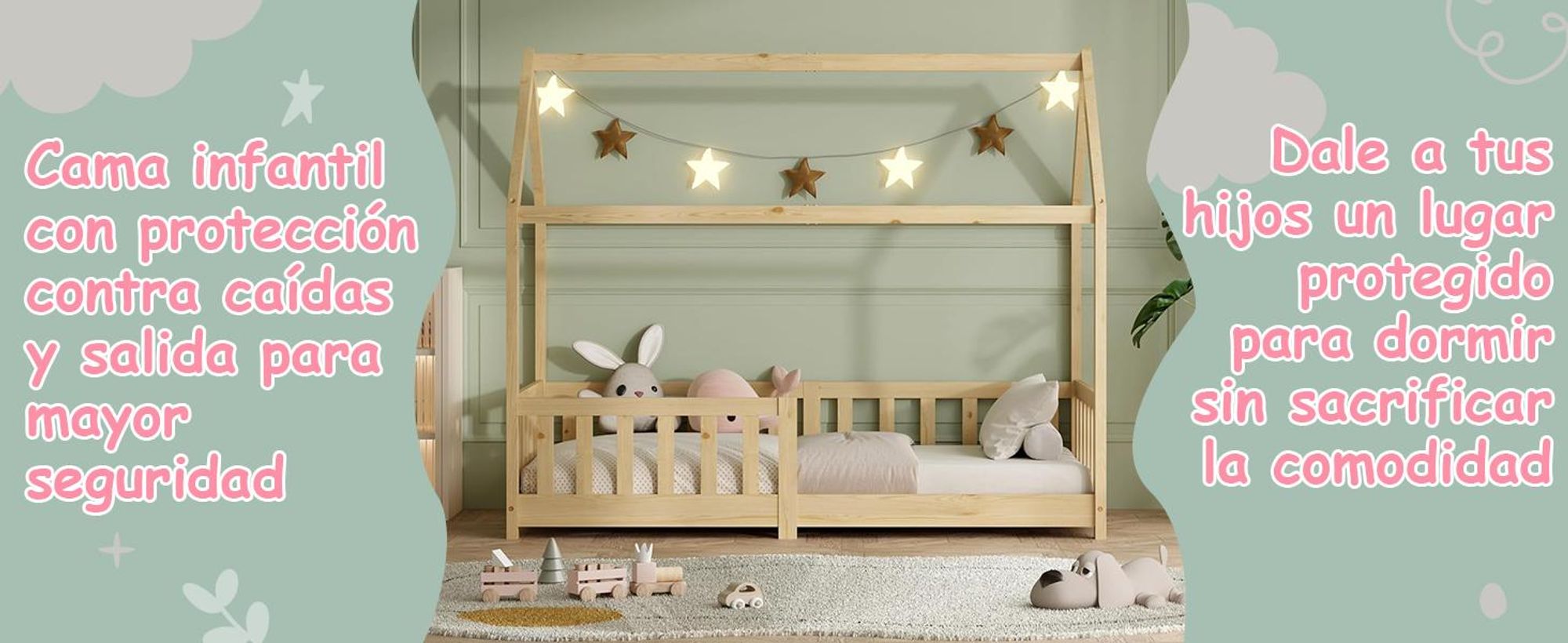 Cama infantil de 90x200 con barandillas de protección y somier, cama con forma de casita – cama infantil de 90x200 para niños – cama con forma de casita de 90x200, color blanco