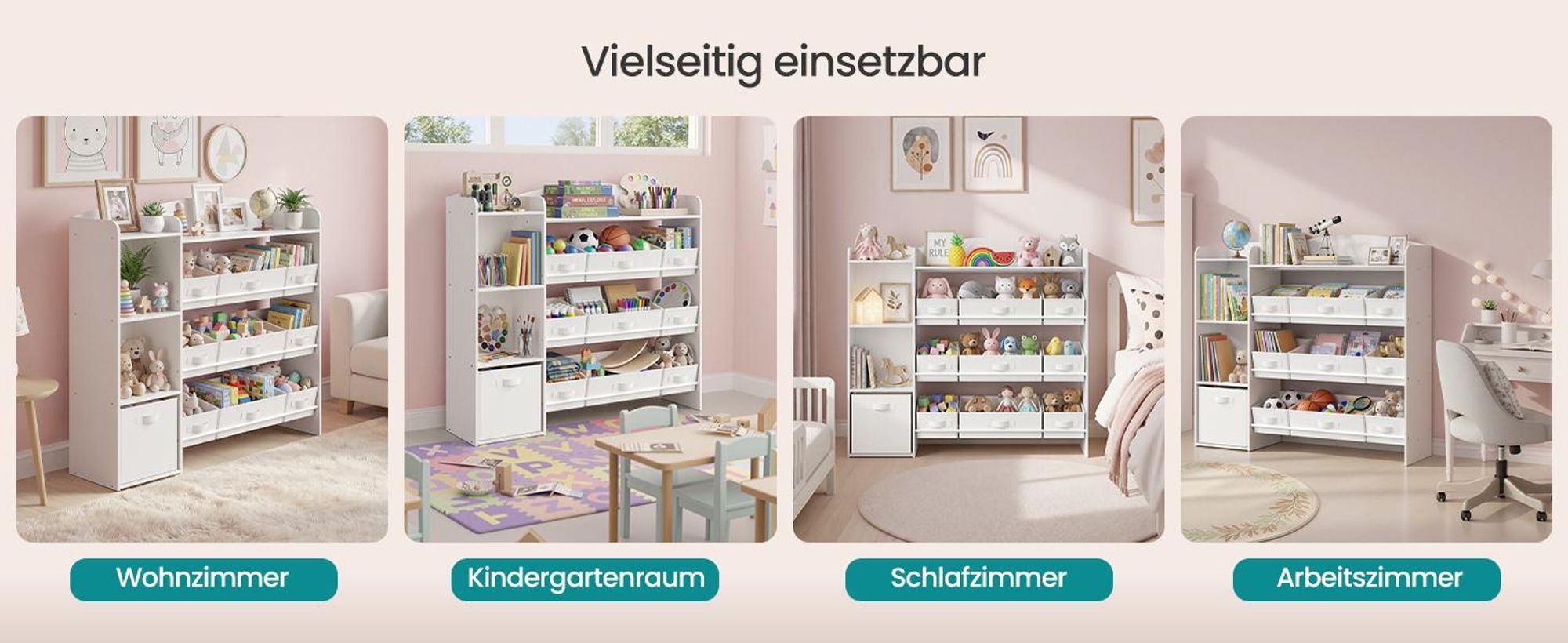 SONGMICS Kinderregal mit 2 offenen Fächern, Kinderregal, 9 mittlere und 1 seitliche Boxen, 30 x 113,1 x 104 cm, weiß
