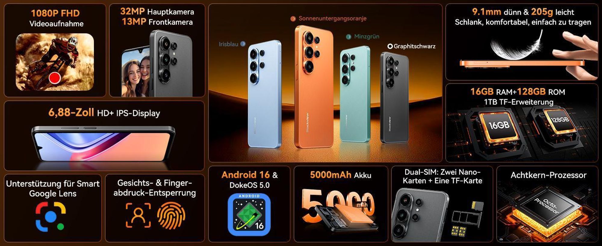 Blackview Wave 10C 6.88" smartphone Ohne Vertrag incl Hibuds 6, Android 16, 120Hz,1080p, Dual SIM, Face ID, 5000 mAh, Gemini AI, DokeOS 5.0, 1080p, 4G