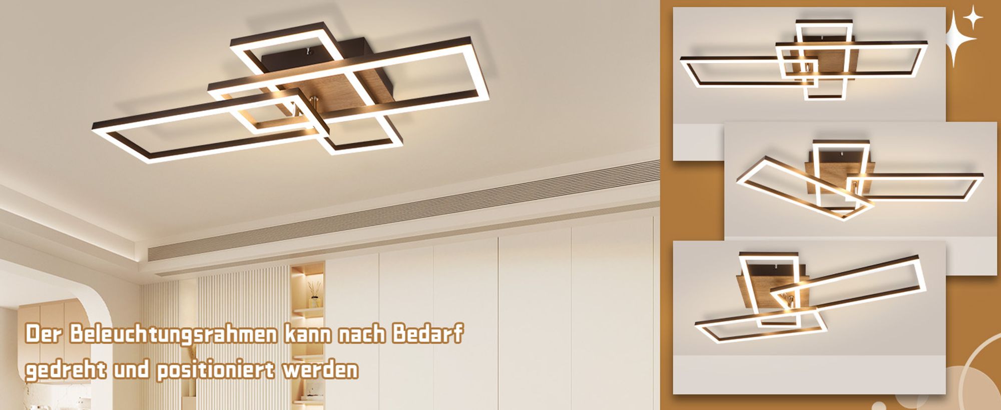 ZMH LED Deckenleuchte Deckenlampe Wohnzimmer 3000K Holz Schwarz Wohnzimmerlampe Modern Schlafzimmerlampe Design Decke Lampe 32W Warmweiß Flurlampe