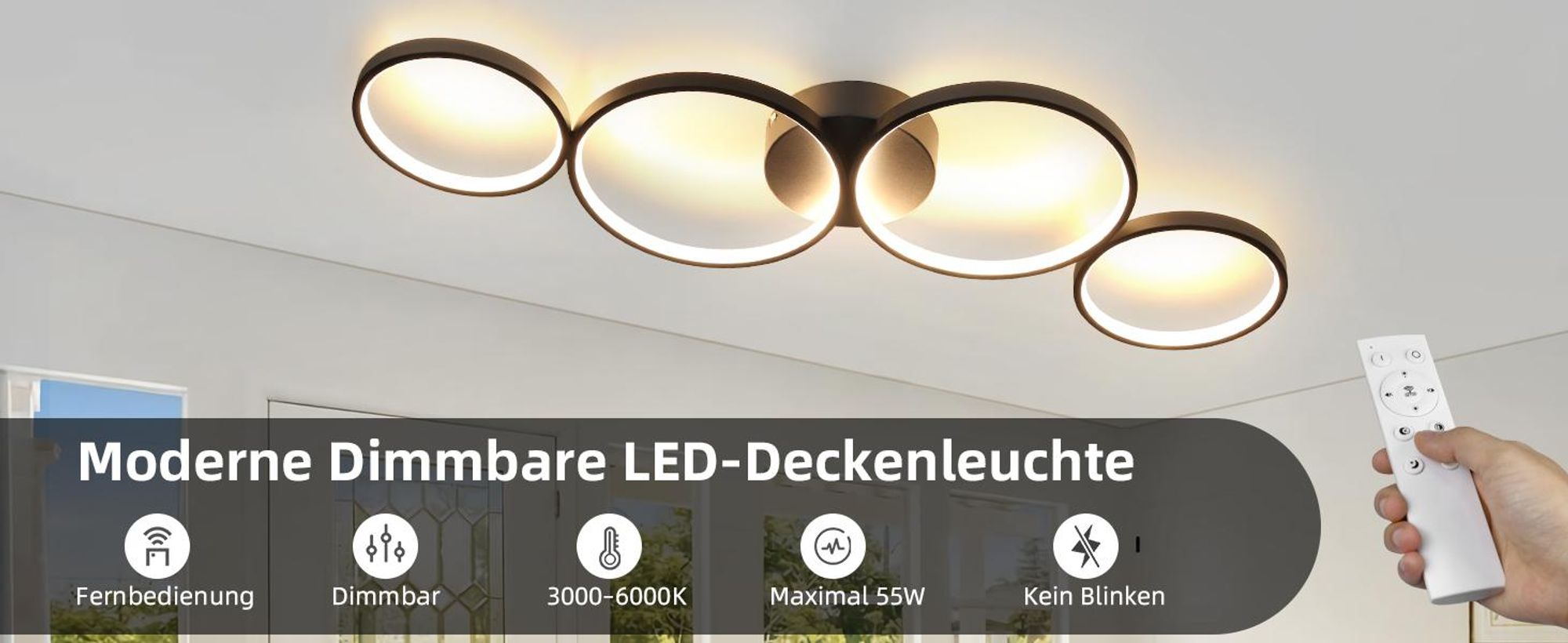 ZMH LED Deckenlampe Dimmbar Modern Wohnzimmerlampe 4 Flammig Ringoptik 55W Schwarz Innen Deckenleuchte 88cm für Schlafzimmer Wohnzimmer