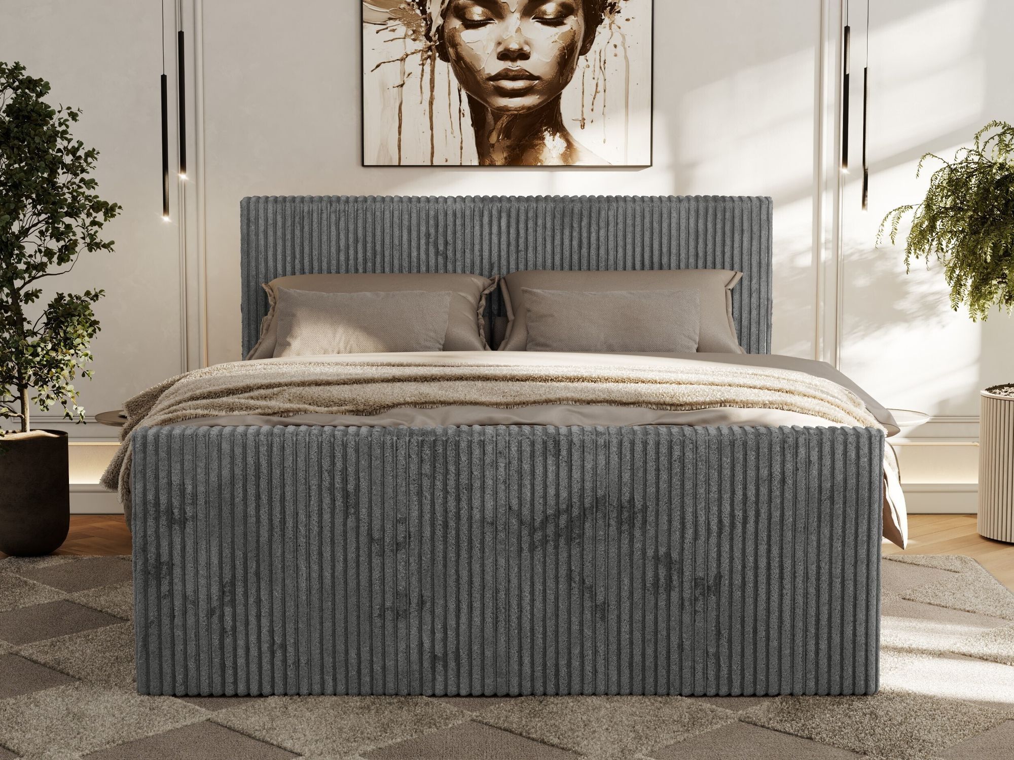 Foto von Boxspringbett. Bett aus grau Cordstoff