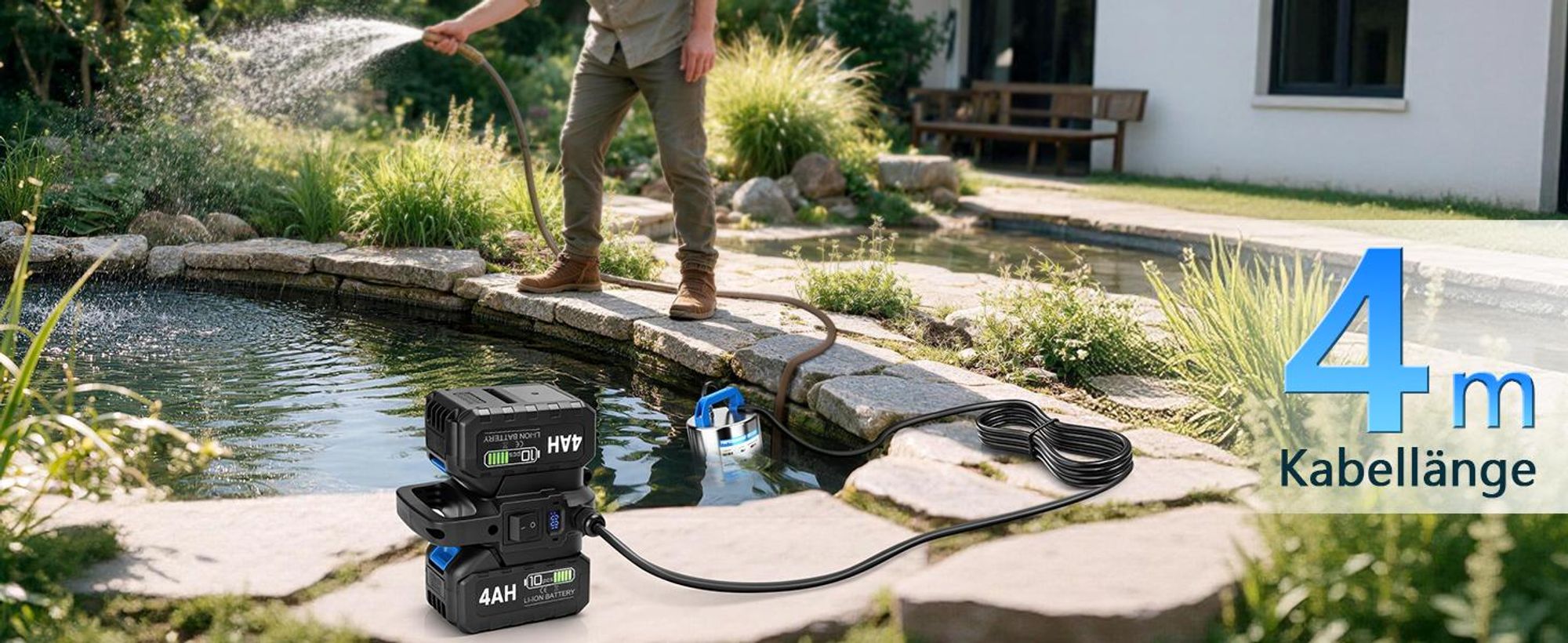 Akku Tauchpumpe mit 2×4Ah Doppel-Akku-Konstruktion 16m Förderhöhe 500W Klarwasserpumpe 80 L/min 4M Kabellänge Edelstahl Schmutzwasserpumpe Wasserpumpe