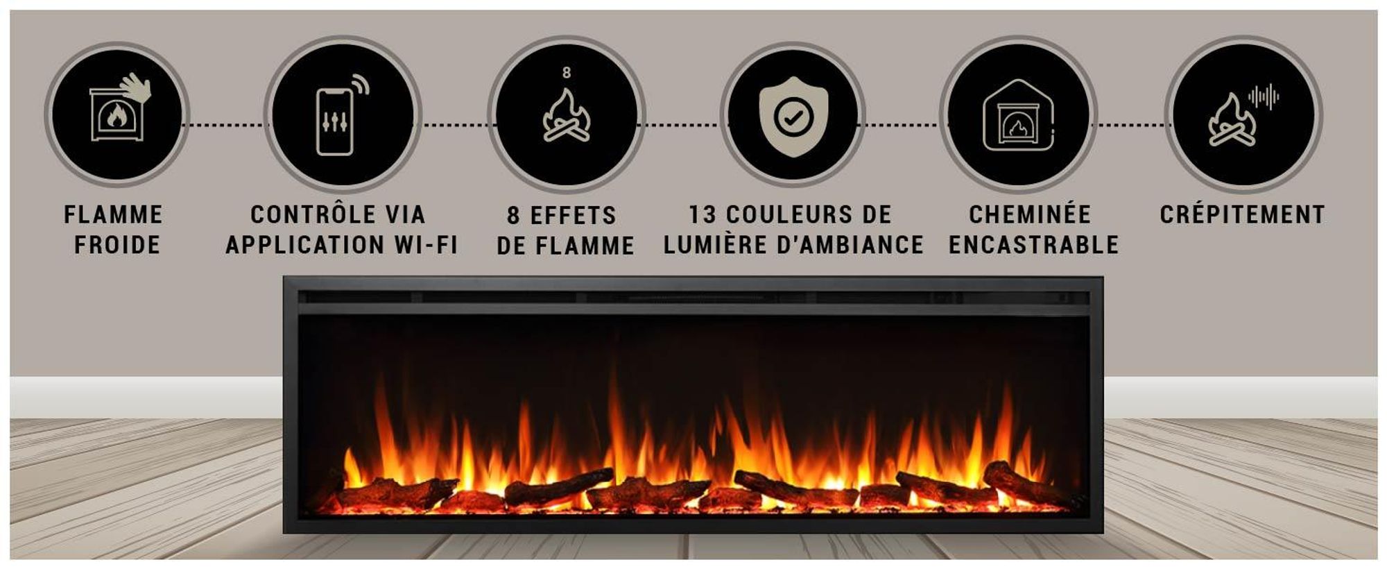 Cheminée électrique encastrable BALDERIA Atalanta 60 – Puissance de chauffage jusqu'à 1 500 W, noire