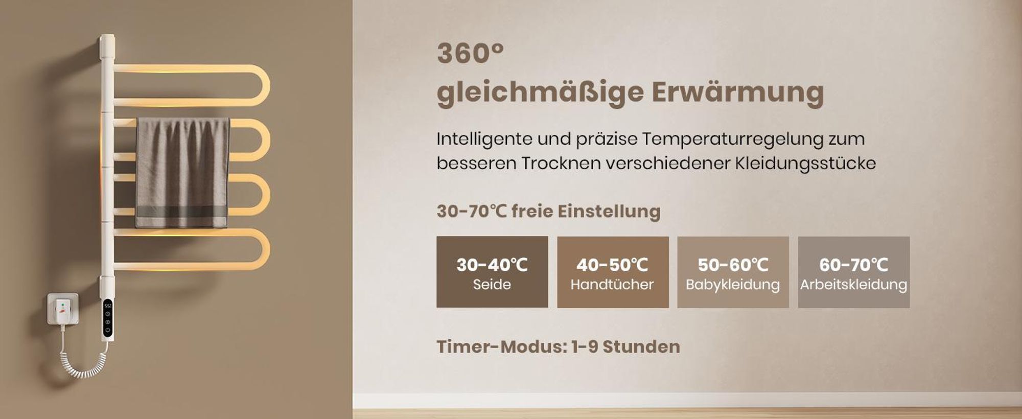 EMKE Handtuchwärmer Elektrisch 780 x 430 x 90mm 130W drehbar U-Rohr Intelligent Touch LCD Tuya Alexa Badheizkörper Weiß Heizkörper