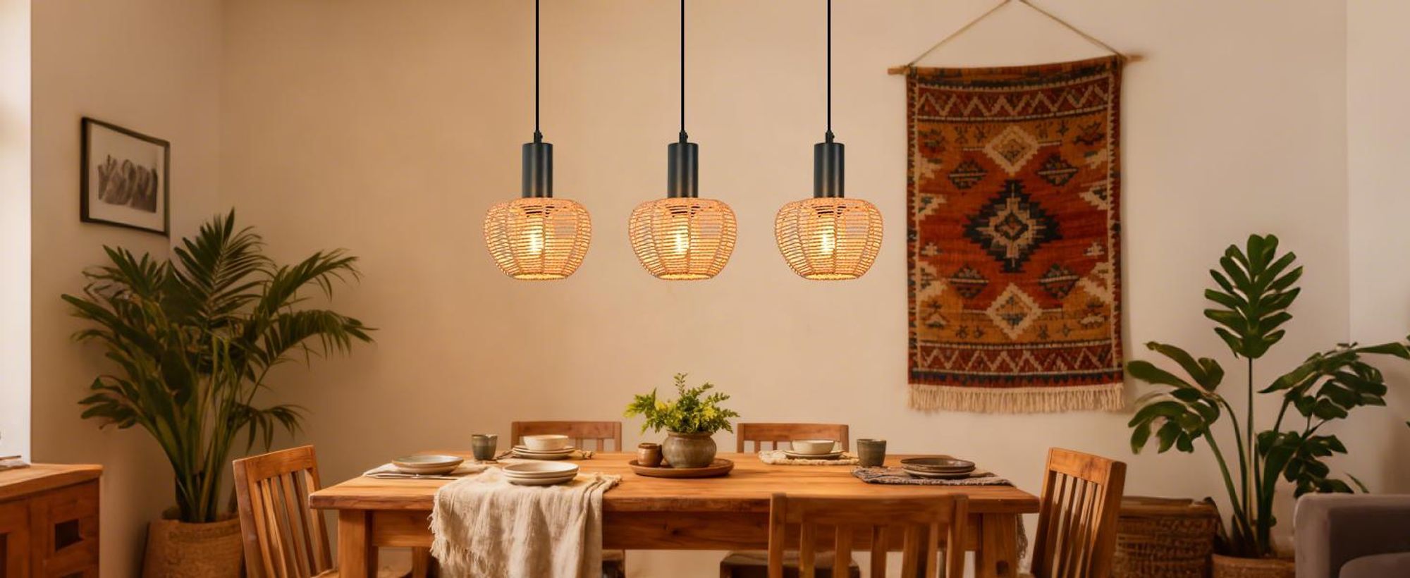 ZMH Hängelampe 3 Flammig Pendelleuchte Rattan Esstischlampe Geflochten Hängeleuchte Lampenschirm Hanfseil E27 Pendellampe für Esszimmer Schlafzimmer