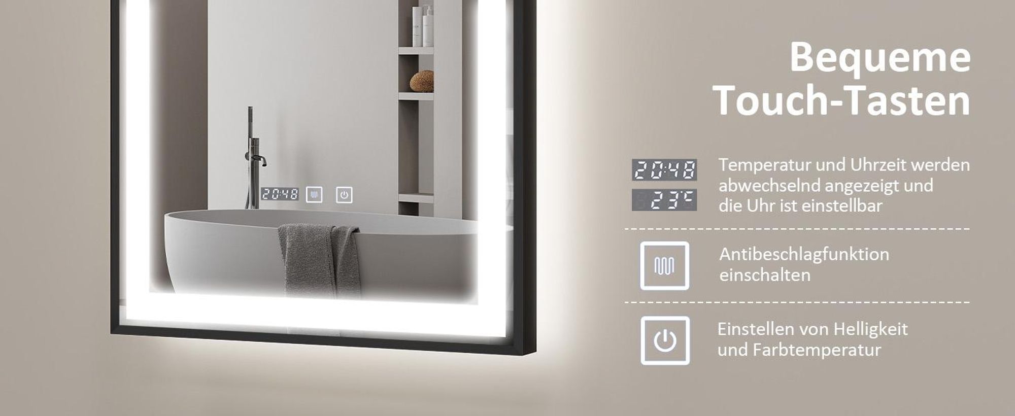 Puluomis Badspiegel 50x70 beschlagfrei mit 3 Farbe Beleuchtung, dimmbare Helligkeit, Badezimmerspiegel mit Digitaluhr, Temperatur schwarz