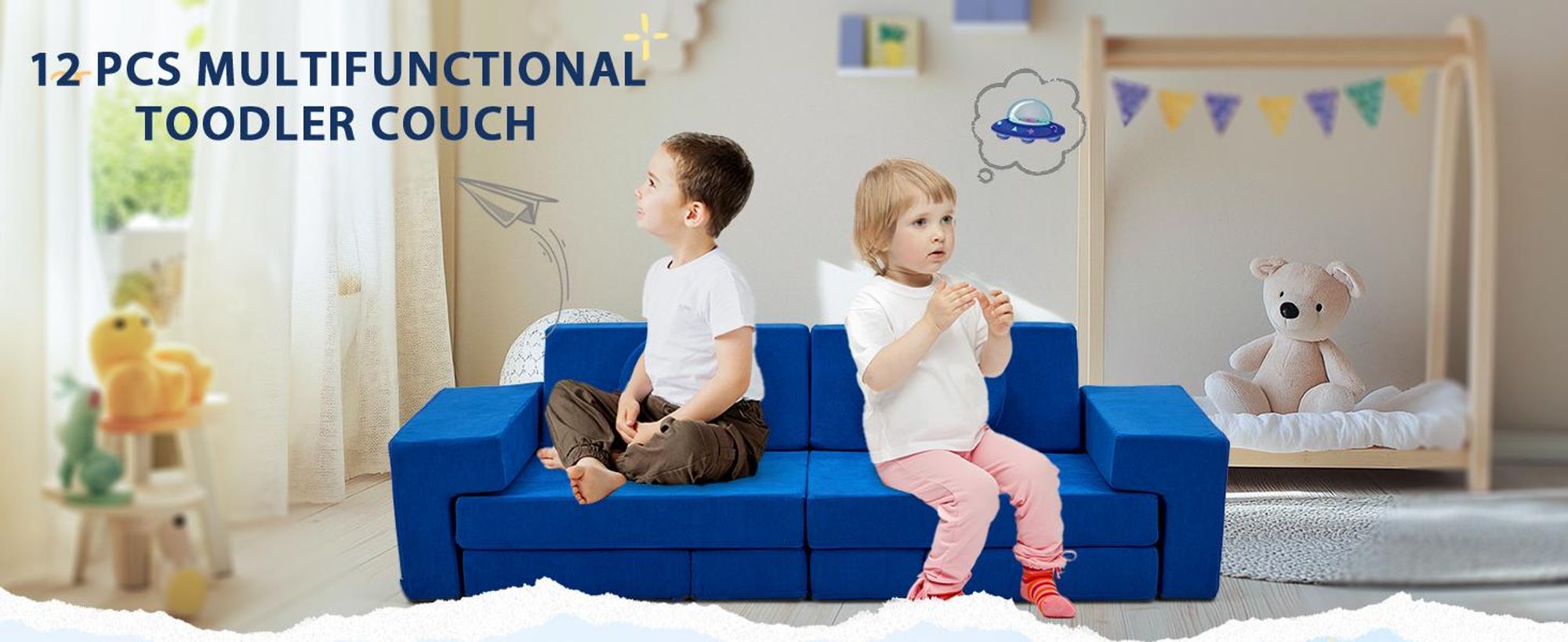 FCH Kindersofa, Multifunktionaler Spieltisch, Puzzle Sofa, 12 in 1, Spielsofa, Kindersessel, für Kinder Spielzimmer, frei baubares, DIY, Kordsamt,Blau
