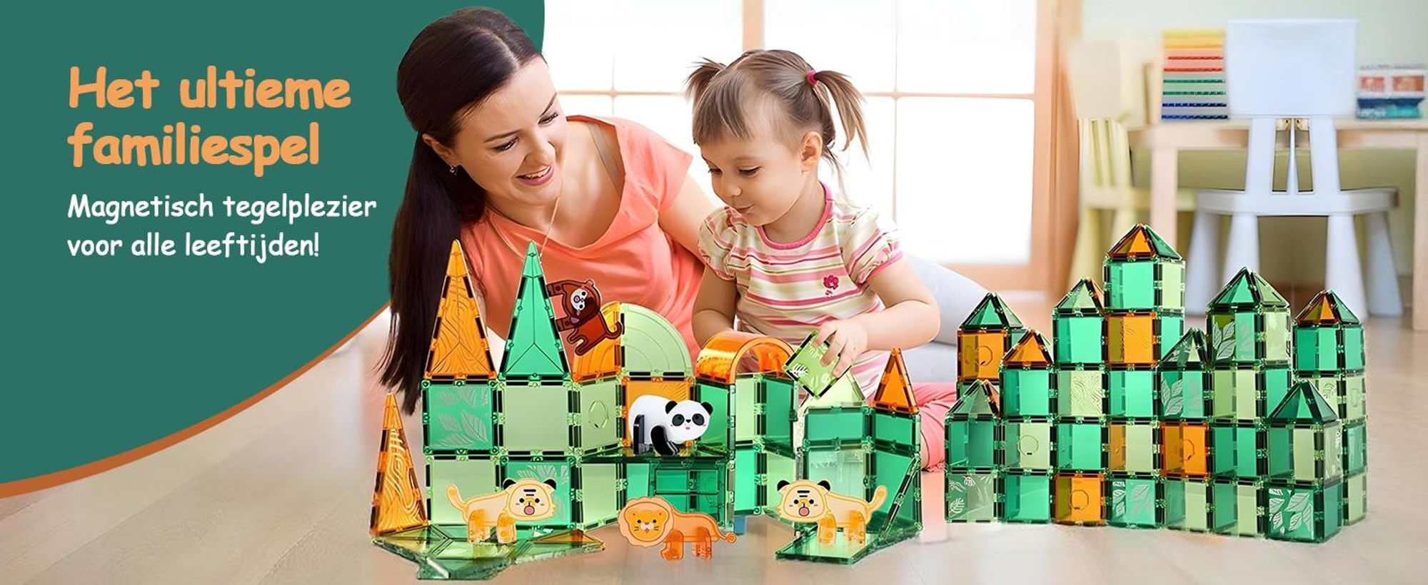 Olvy Magnetische bouwstenen, 110 stuks, Montessori speelgoed, magnetische tegels voor kinderen - magnetische bouwstenen - magnetisch constructiespeelgoed, jungle thema, Magna