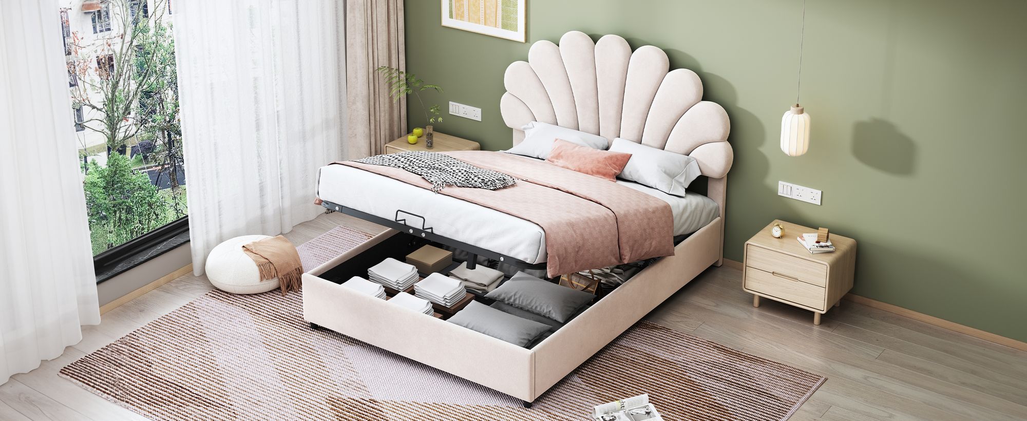 MODFU Jugendbett Boxspringbett Hydraulisches 90 x 200 cm mit verstellbares Kopfteil in geblümtemform, Polsterbett Funktionelles mit Lattenrost, Einzelbett Stauraumbett mit Bettkasten Stauraum, Samtstoff Beige(Ohne Matratze)