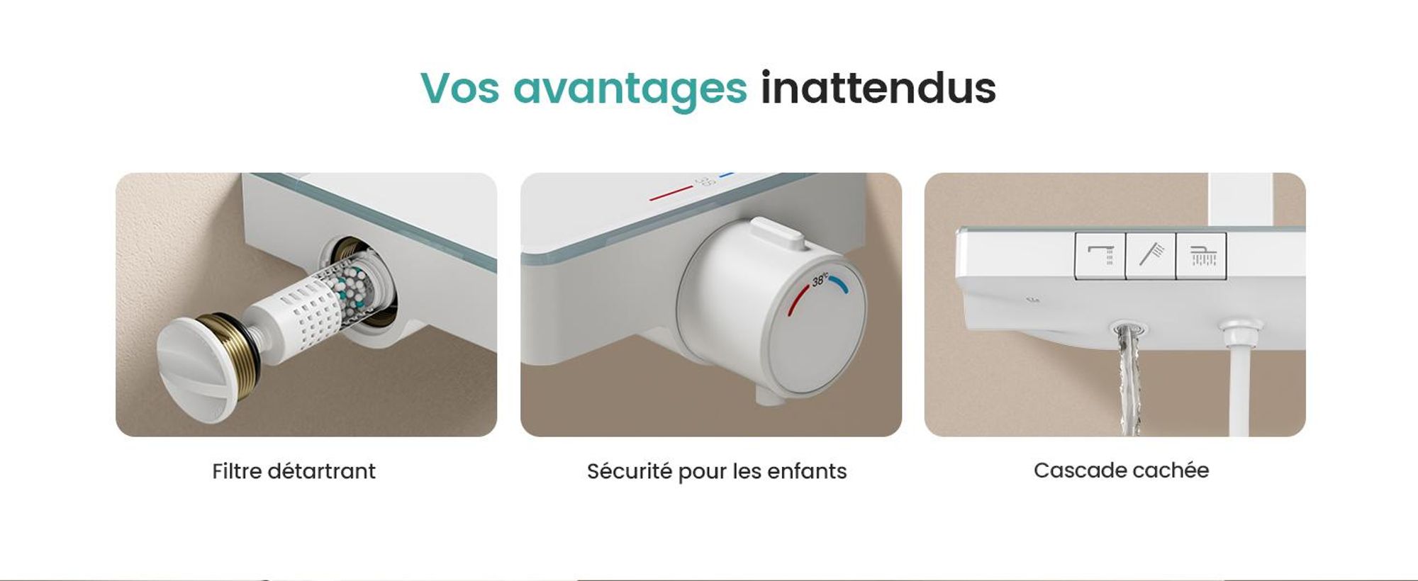 EMKE Système de douche avec thermostat, pommeau de douche à effet pluie 36x24cm, douche à effet pluie avec support en verre, douchette à main avec 4 jets, robinetterie de salle de bains & douche, blanc mat