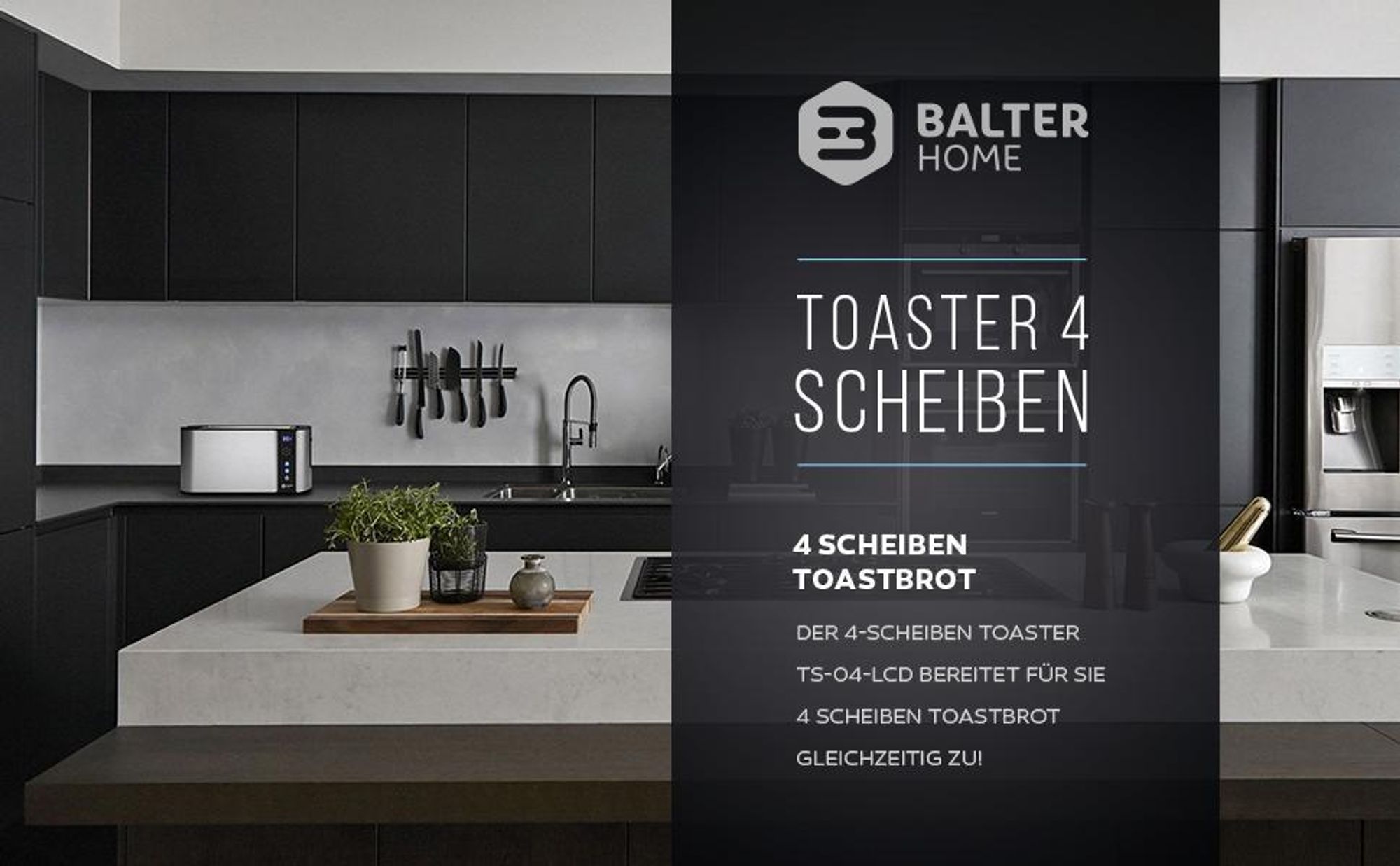 Balter Toaster 4 Scheiben, Edelstahl, Langschlitztoaster mit Brötchenaufsatz, 1500W, LCD Display, Defrost-/Aufwärmfunktion, Krümelschublade, Silber