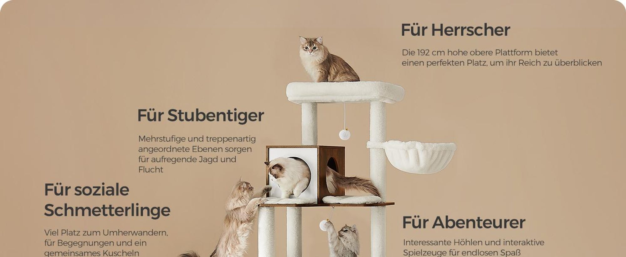 Feandrea Kratzbaum groß, 197cm, Katzenbaum XXL, modern, mehrstöckiges Katzenhaus, Katzenbürste, Tunnel vintagebraun