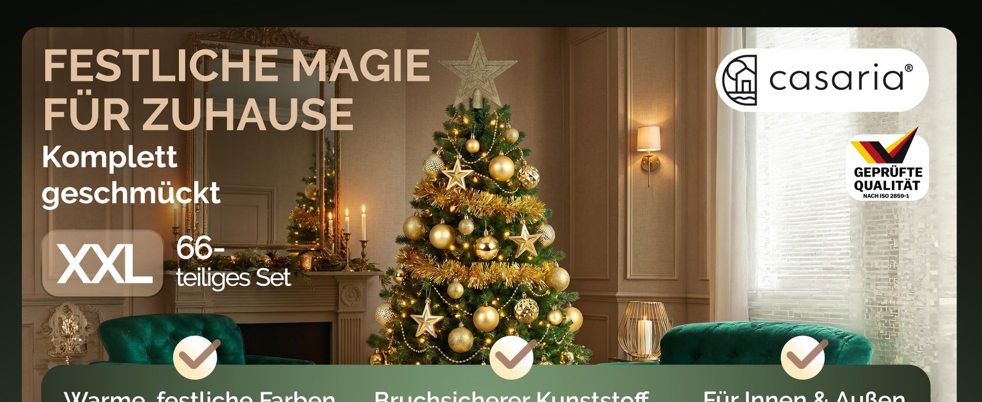 DEUBA® Weihnachtskugeln 66tlg Baumschmuck-Set mit Sternen Kunststoff Gold