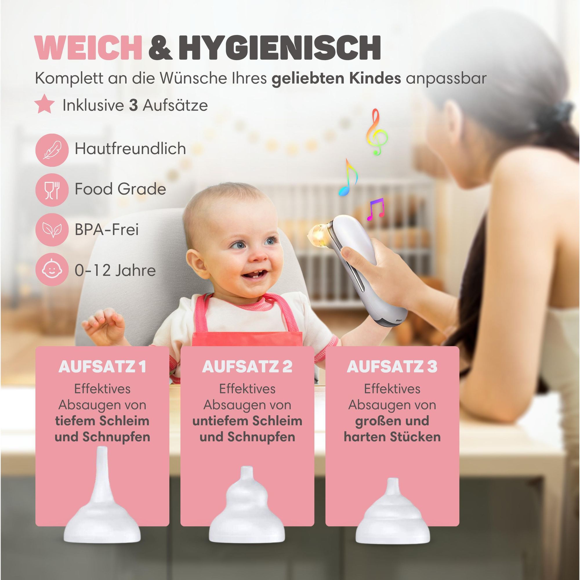 Vulpes Goods Nasensauger Baby Elektrisch, Multi. 2 in 1 Nasensauger für Neugeborene, mit 5 Staubsauger Saugstufen und 3 Silikondüsen Anti Reflux