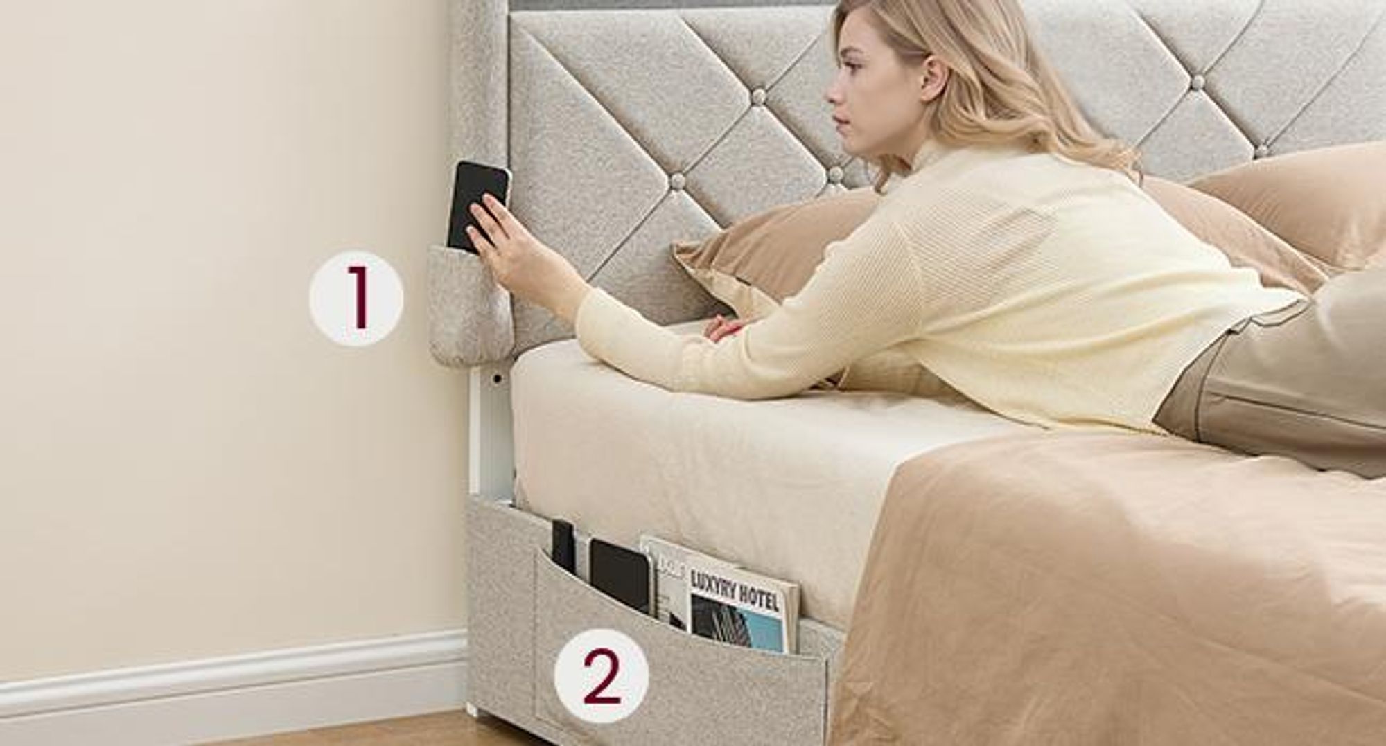 VASAGLE Doppelbettgestell, Bettgestell, 160 x 200 cm, LED, Metallbett, 4 Schubladen, Ladestation, verstellbares gepolstertes Kopfteil, Cappuccinobeige