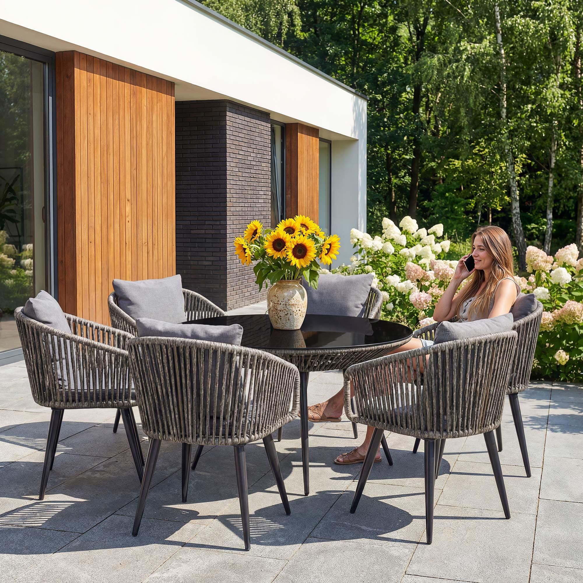 di volio Gartenmöbel Set RIETI - Grau, Sitzgruppe outdoor aus Polyrattan, Essgruppe mit 6 Stühlen und rundem Glastisch, wetterfest