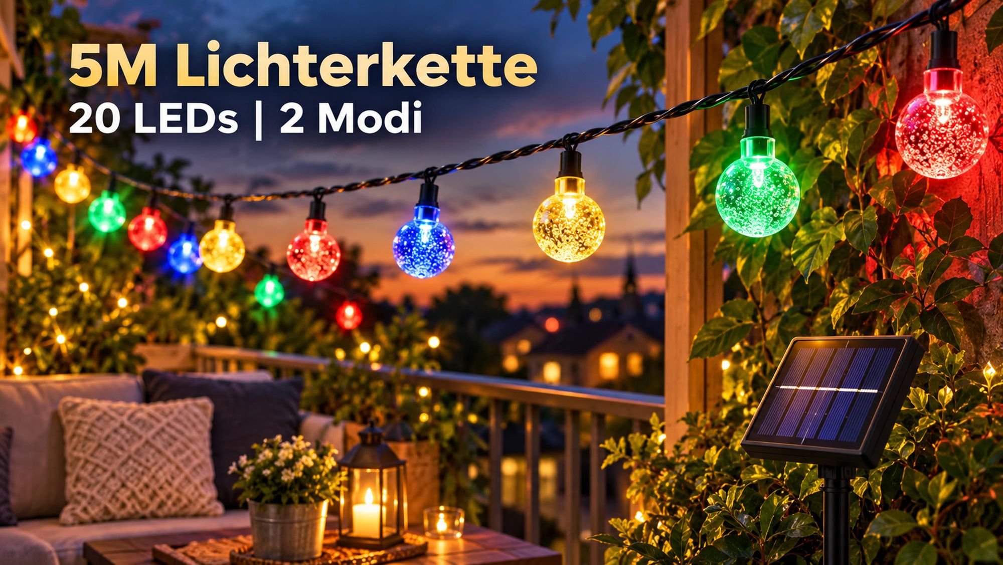 5M Lichterkette Außen Solar Glühbirnen LED Lichterketten, Innen Außen Weihnachten Beleuchtung Outdoor Garten Deko, Bunt