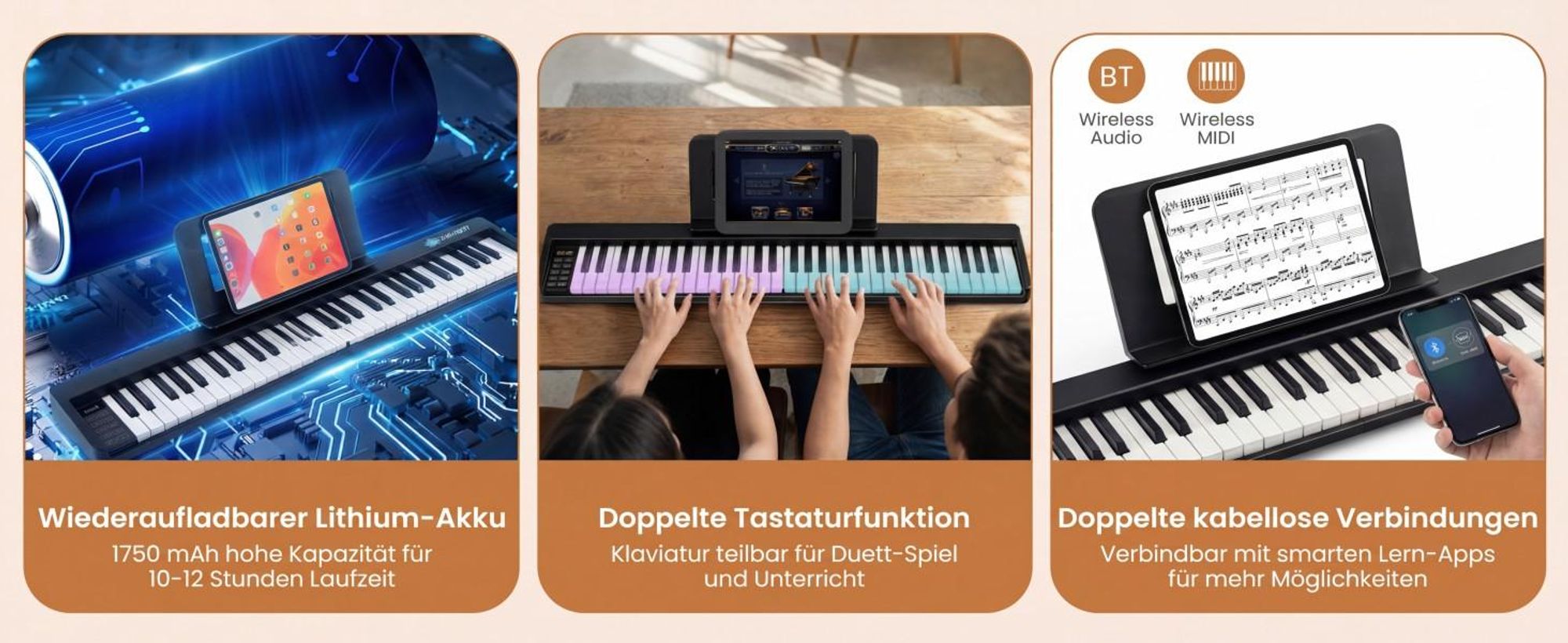 COSTWAY Digital Piano mit 61 Tasten, Elektrtisches Klavier klappbar mit Bluetooth, Notenständer, Pedal & Klaviertasche, E-Piano Klaviertastatur für Kinder Erwachsene