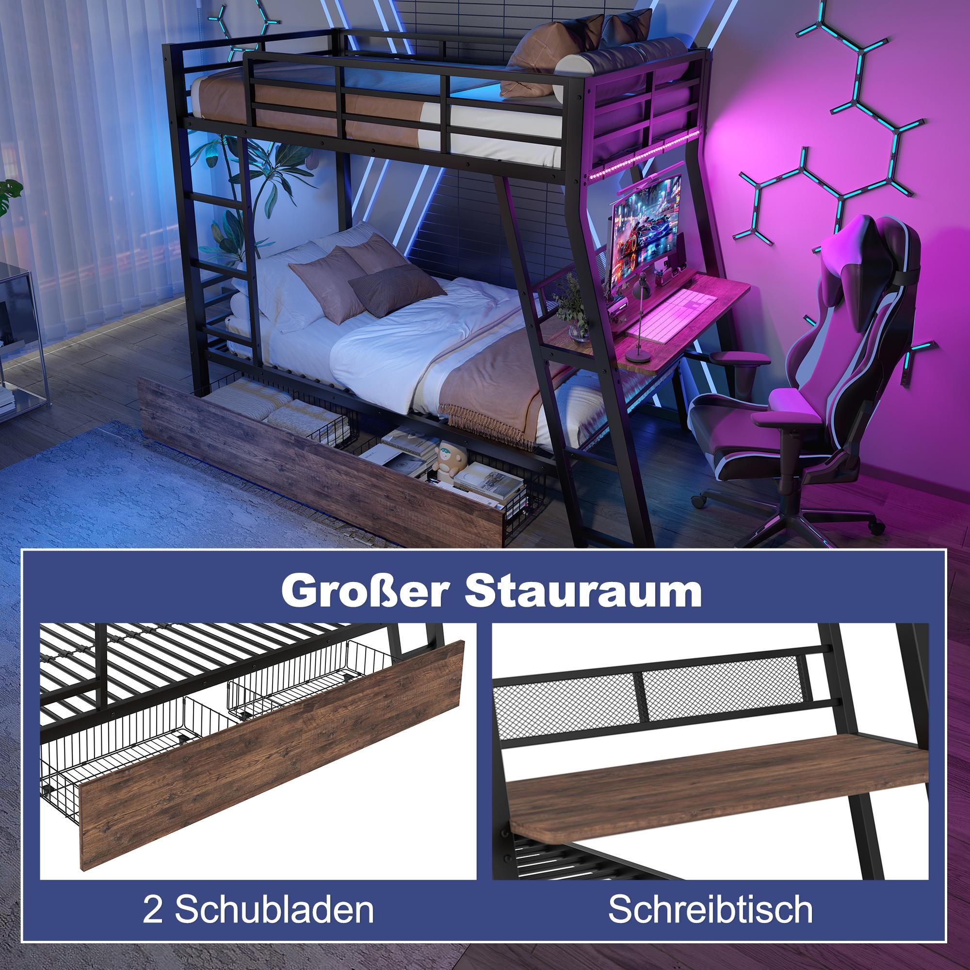 Merax Etagenbett Hochbett 90x200 cm, Kinderbett mit Schreibtisch, LED, 2 Schubladen, Geländer & Treppe, Stockbett Eisenbett, Schwarz