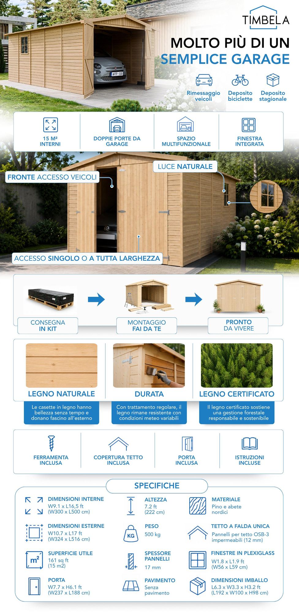 Garage in legno 15 m² - Ripostiglio con finestre - H222xL516xL324 cm - Struttura in pannelli di legno naturale - Officina da giardino - Rimessa per auto e attrezzi -TIMBELA M101