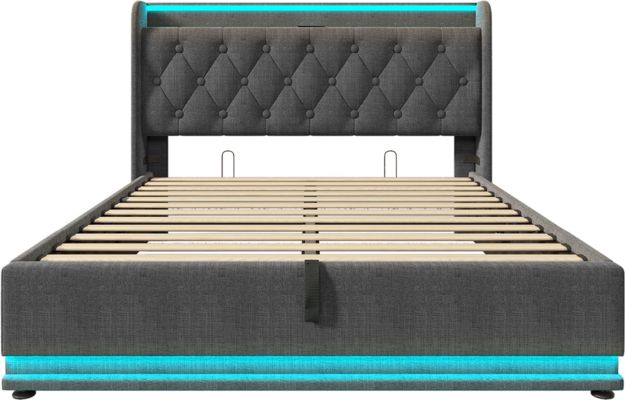 Flieks Polsterbett 140x190cm mit Ladefunktion (USB&Typ-c), Jugendbett Doppelbett Stauraumbett mit LED, Hydraulisches Boxspringbett, Leinen, Grau