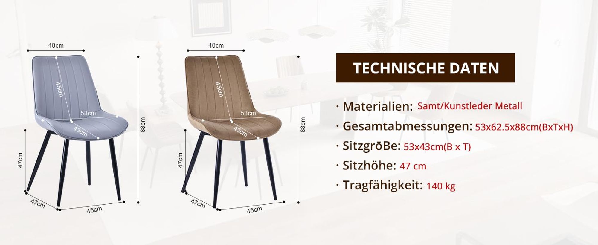 HOMAVO Esszimmerstuhl – Bequemer Samt- oder Kunstlederstuhl, ergonomisch, Metallgestell, breite Sitzfläche 53×43 cm, einfach montierbar, 2er Set
