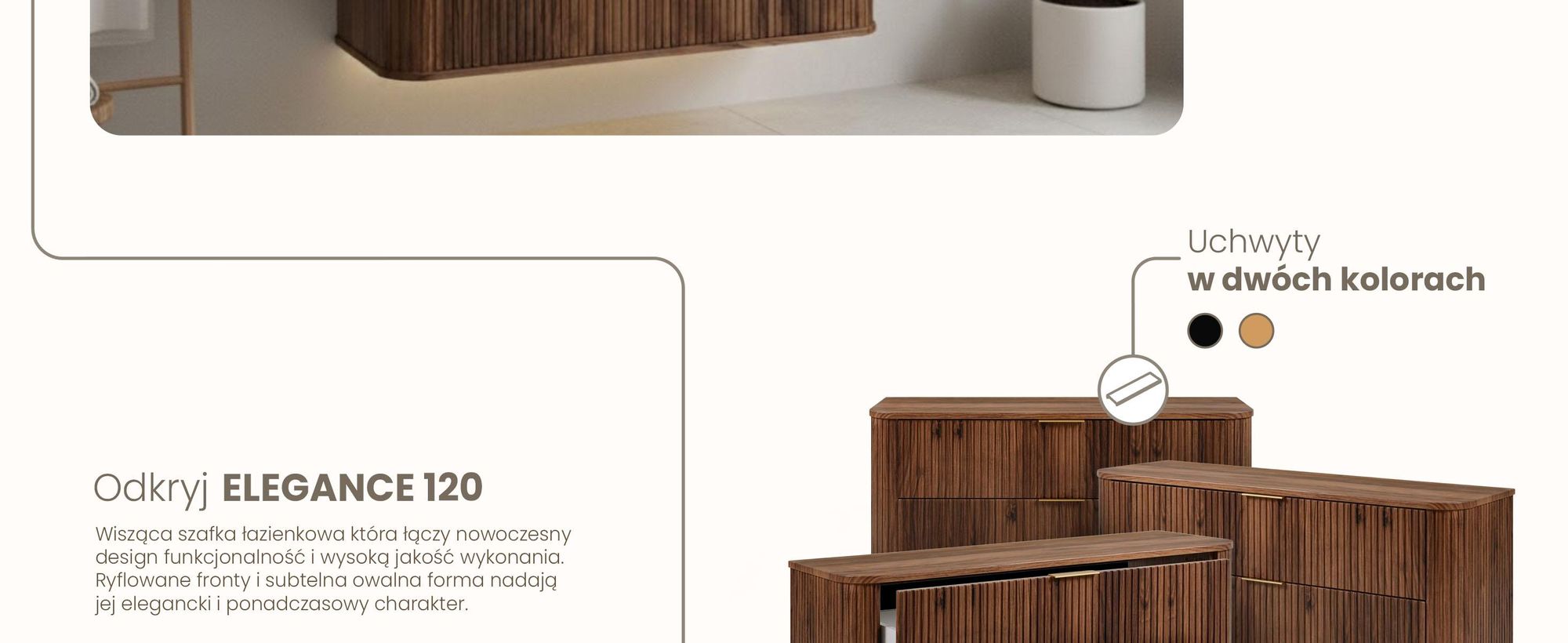 Rodan | Szafka Pod Umywalkę - 120 Cm - Wisząca - Orzech Dąb - Owalne Fronty - MDF - 2 Szuflady SoftClose - Blat w Zestawie