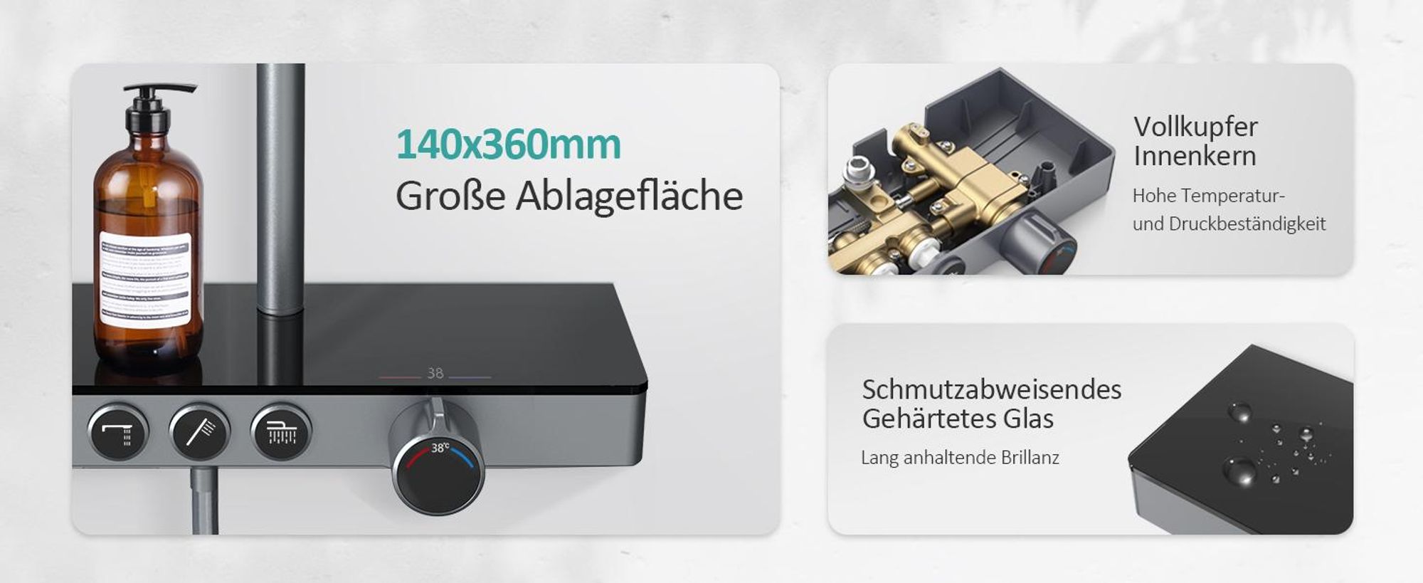EMKE Duschsystem mit Thermostat Glasablage Handbrause 3 Strahlarten Regendusche, Bad- & Duscharmaturen, KTW-, Grau - F09
