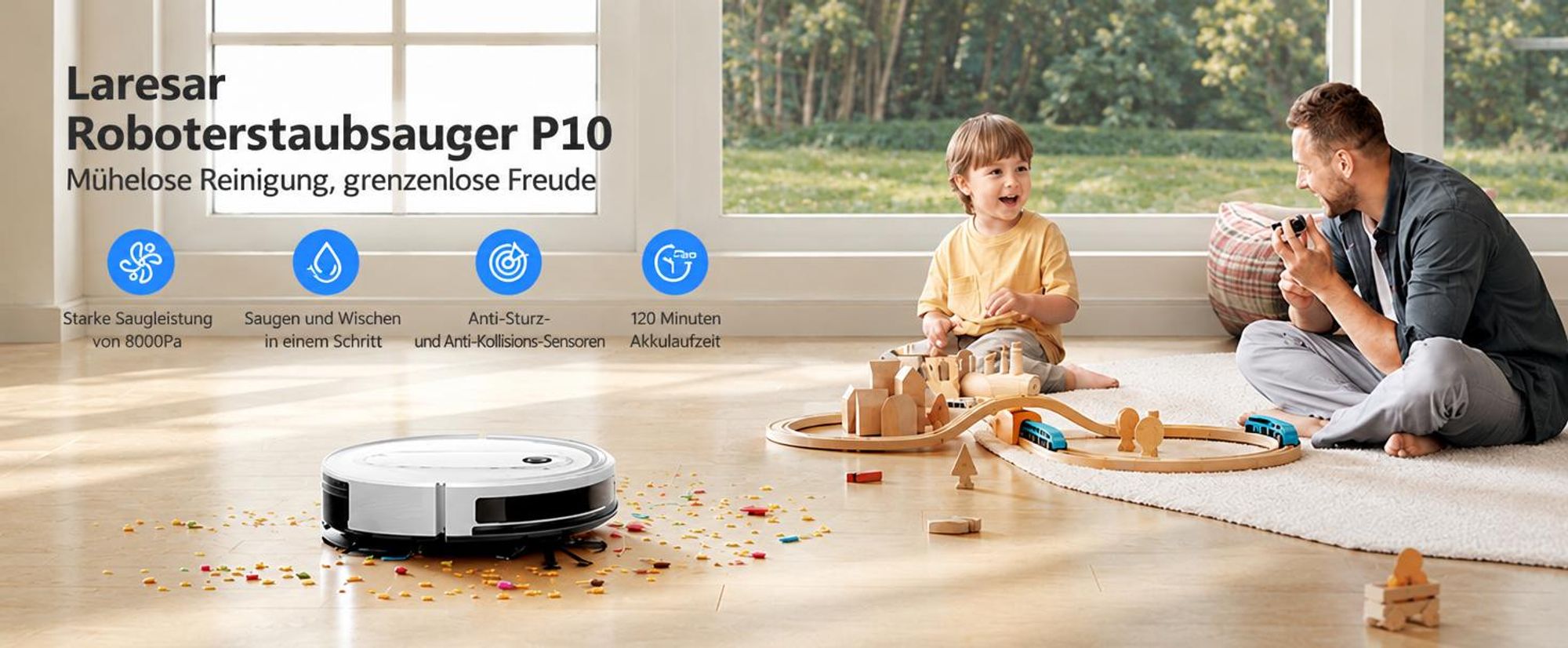 Laresar P10 Saugroboter 8000 Pa, 3-in-1 Reinigung, Teppich-Booster, Bis zu 120 Minuten, HEPA-Filter, 3 Modi, Fernbedienung, App- und Sprachsteuerung