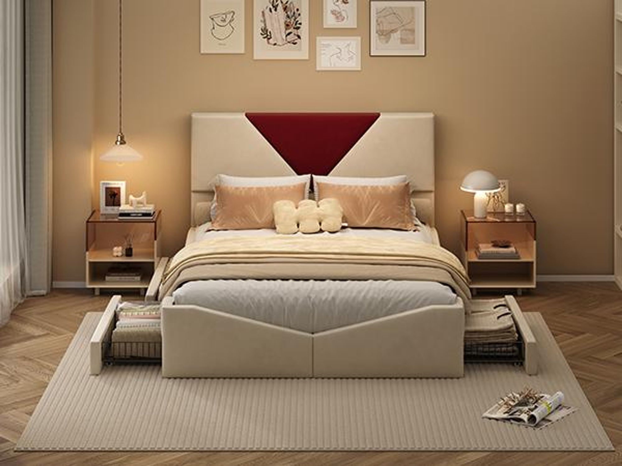 INONEFT Boxspringbett 140x200 cm, Doppelbett Polsterbett mit 4 Schubladen, Schubladenbett Jugendbett,Leinen,Samt, Weiß/Rot