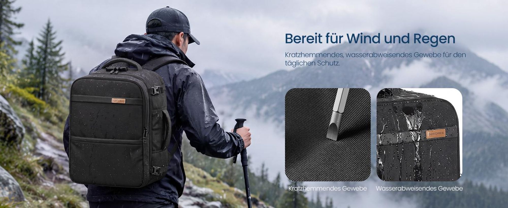 SONGMICS Handgepäck Rucksack für Ryanair, Wasserdichter Reiserucksack mit 15,6 Zoll Laptopfach, 30 L, 45 x 36 x 20 cm, Schwarz