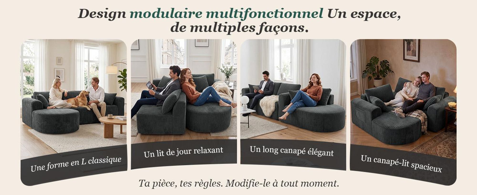 Canapé d'angle avec fonction convertible, canapé modulaire en velours sans structure visible, canapé avec chaise longue, canapé d'angle convertible, canapés modulaires avec coussins et poches latérales, 243 cm