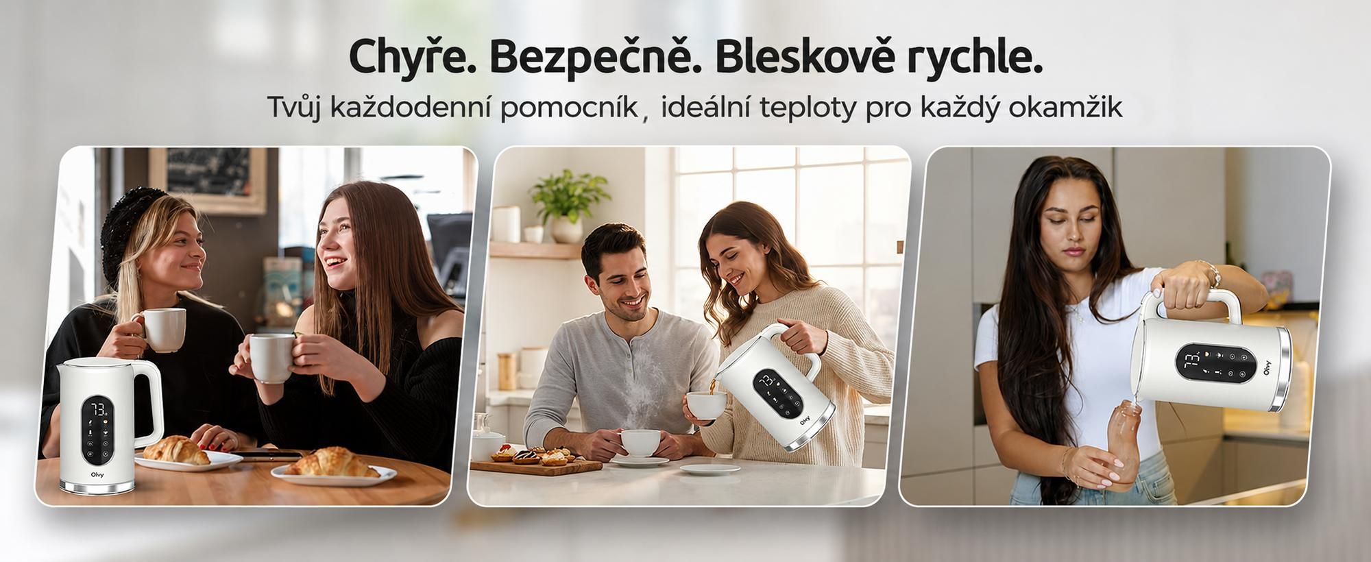 Rychlovarná konvice Olvy, krémová, nastavitelná teplota, 1,7 l – LCD displej, 2200 W, bez BPA, funkce udržování teploty, filtr na vodní kámen, volba teploty 40–100 °C, nerezová ocel