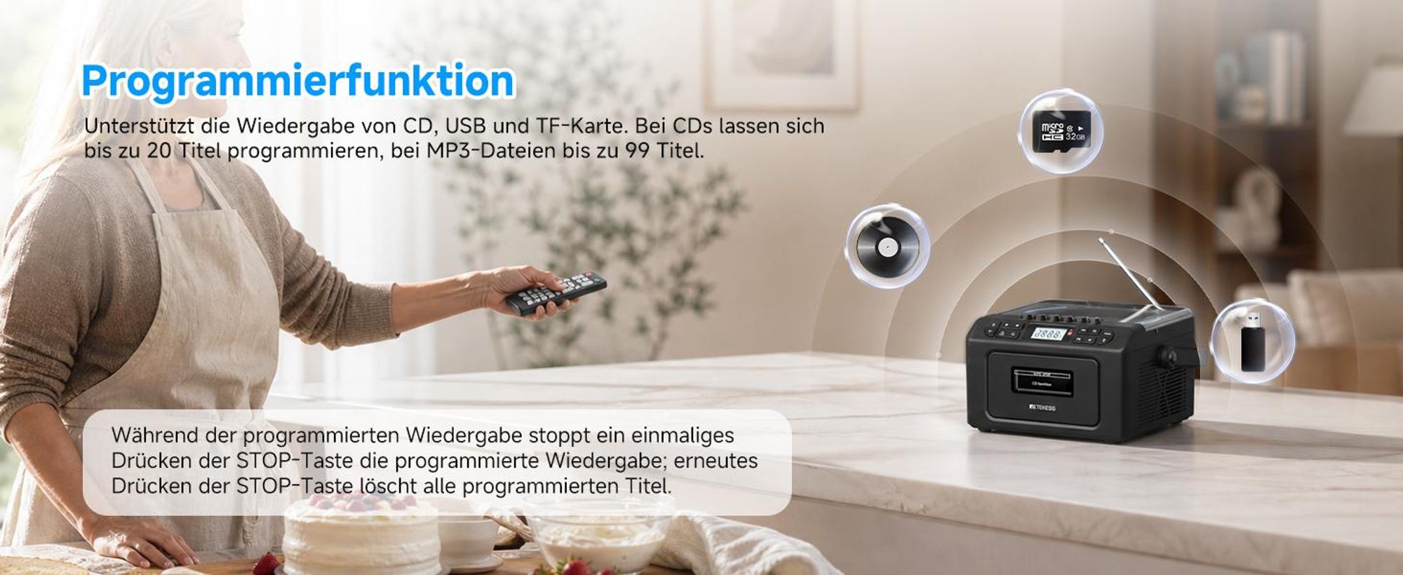 Retekess TR642 CD Player mit Kassette,3W Lautsprecher,Stereo, Bluetooth,AM/FM-Radio,AUX,5000mAh Akku,Boombox Kassettenspieler für Kinder Erwachsene
