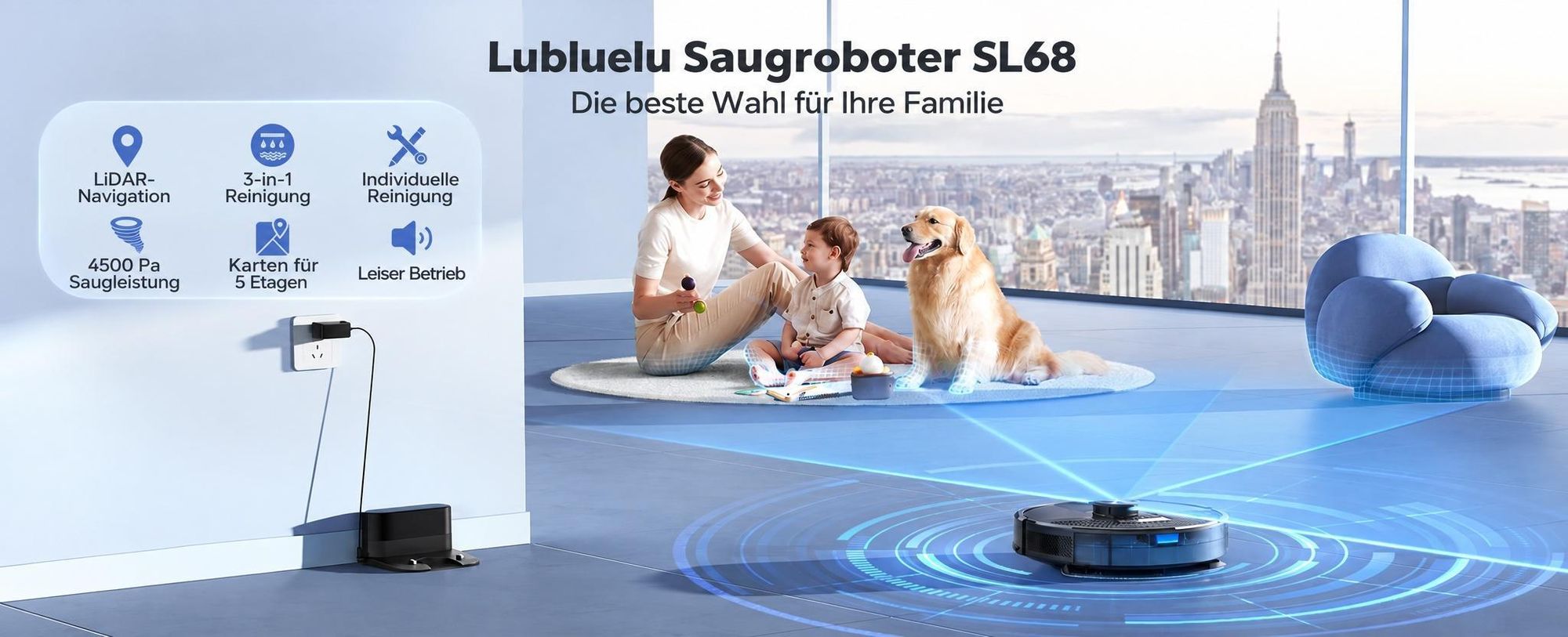 Lubluelu SL68 Saugroboter mit Wischfunktion 3in1, 4500Pa, LiDAR-Lasernavigation, Teppich-Boost, App, 55dB, Intelligente Routenplanung 120MIn
