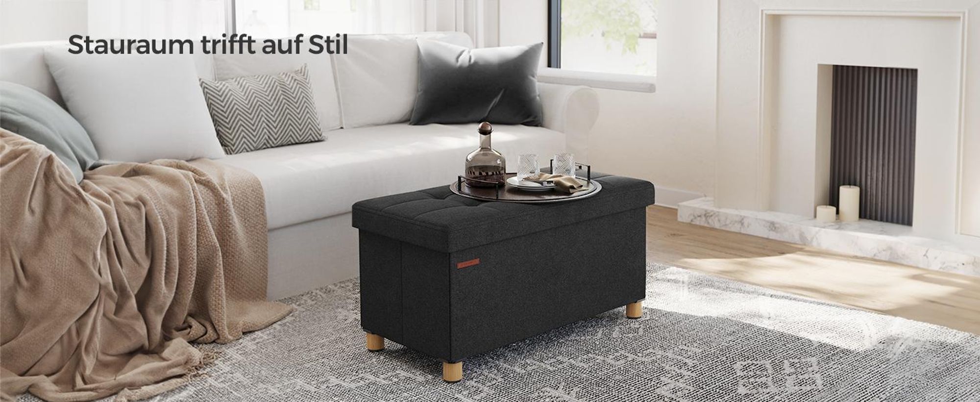 SONGMICS Sitzhocker, 77L, klappbare Sitztruhe, Aufbewahrungsbox, schwarz