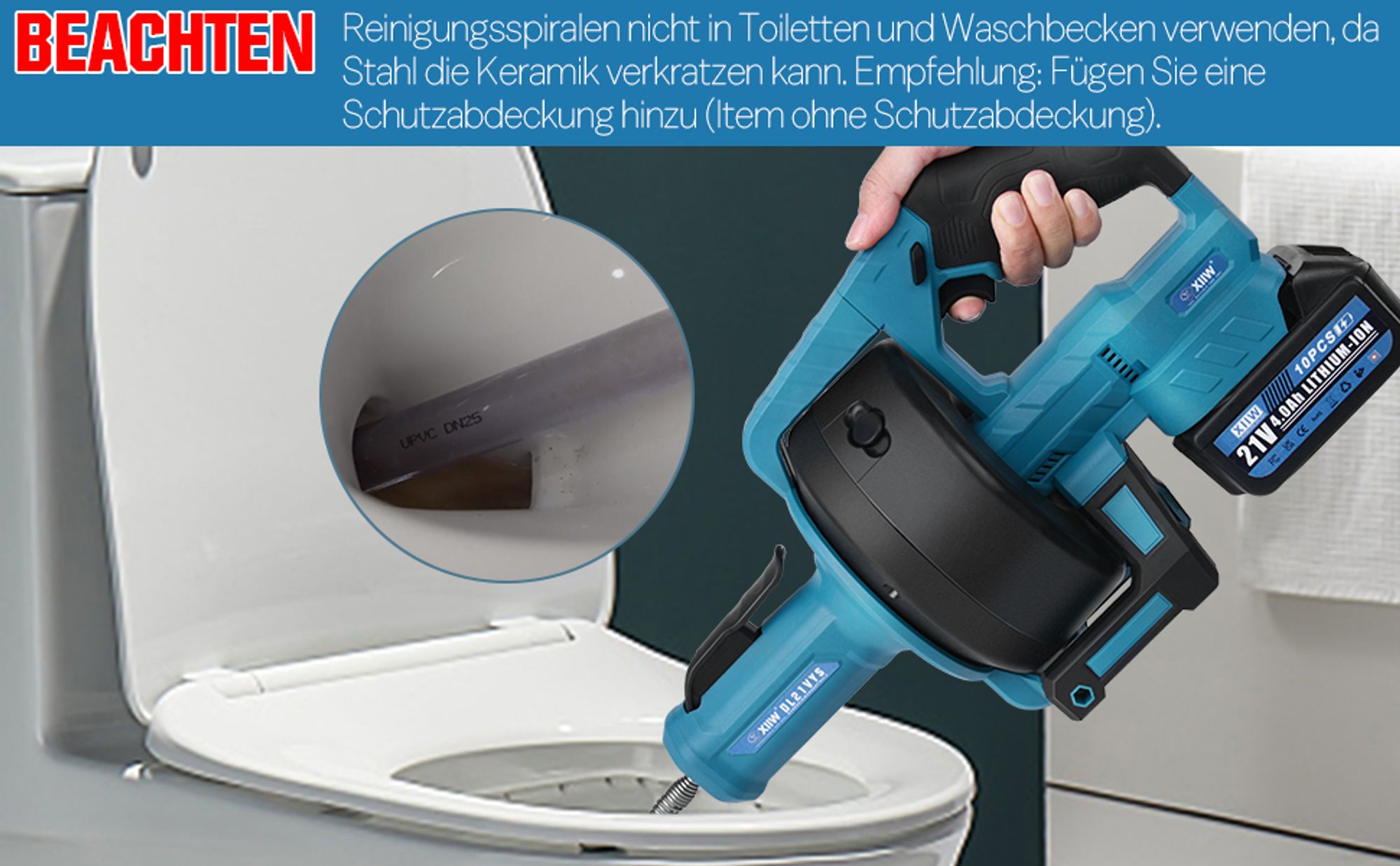 21V Rohrreinigungsmaschine 610 U/min | mit 2x Akku | Ø9mm 7.6M Rohrreinigungsspirale für Ø16-85 mm Rohrleitungen, Elektrisch Rohrreiniger Drain Clean