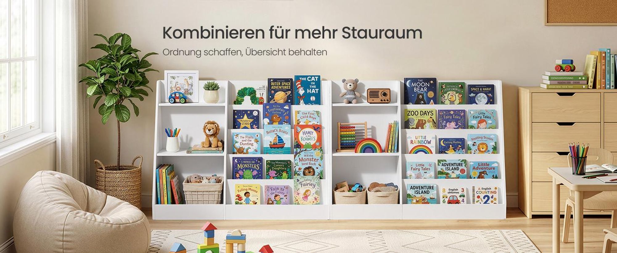 SONGMICS Kinderzimmerregal mit 5 Ebenen, Montessori Bücherregal, Spielzeugregal für Leseecke, 30 x 103,6 x 80 cm, weiß
