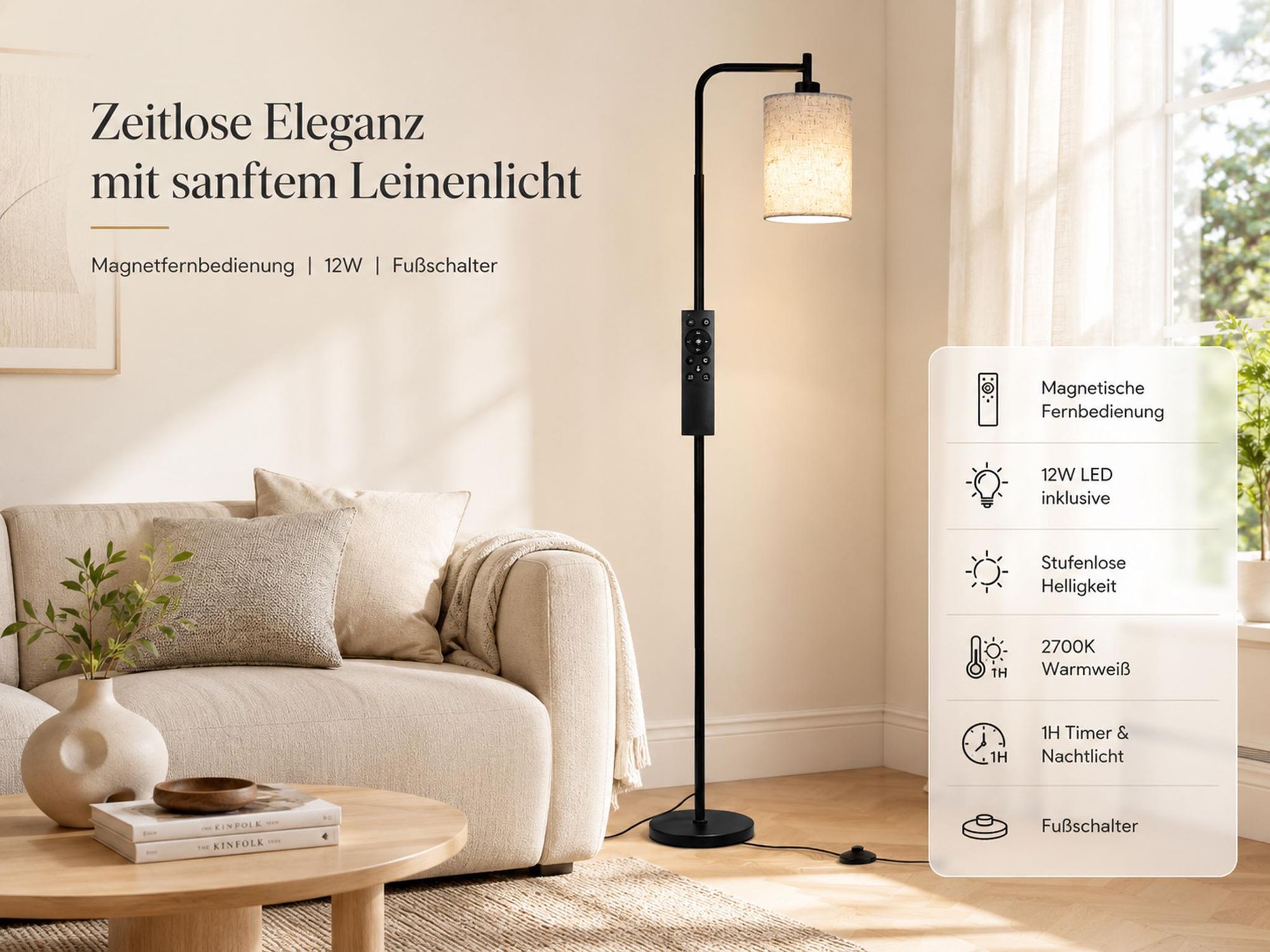 LED Stehlampe Schwarz Fernbedienung, 3000-6500K, dimmbar 20-100%, 12W Leseleuchte mit Lampenschirm, Moderne Ecklampe für Wohnzimmer/Schlafzimmer/Büro